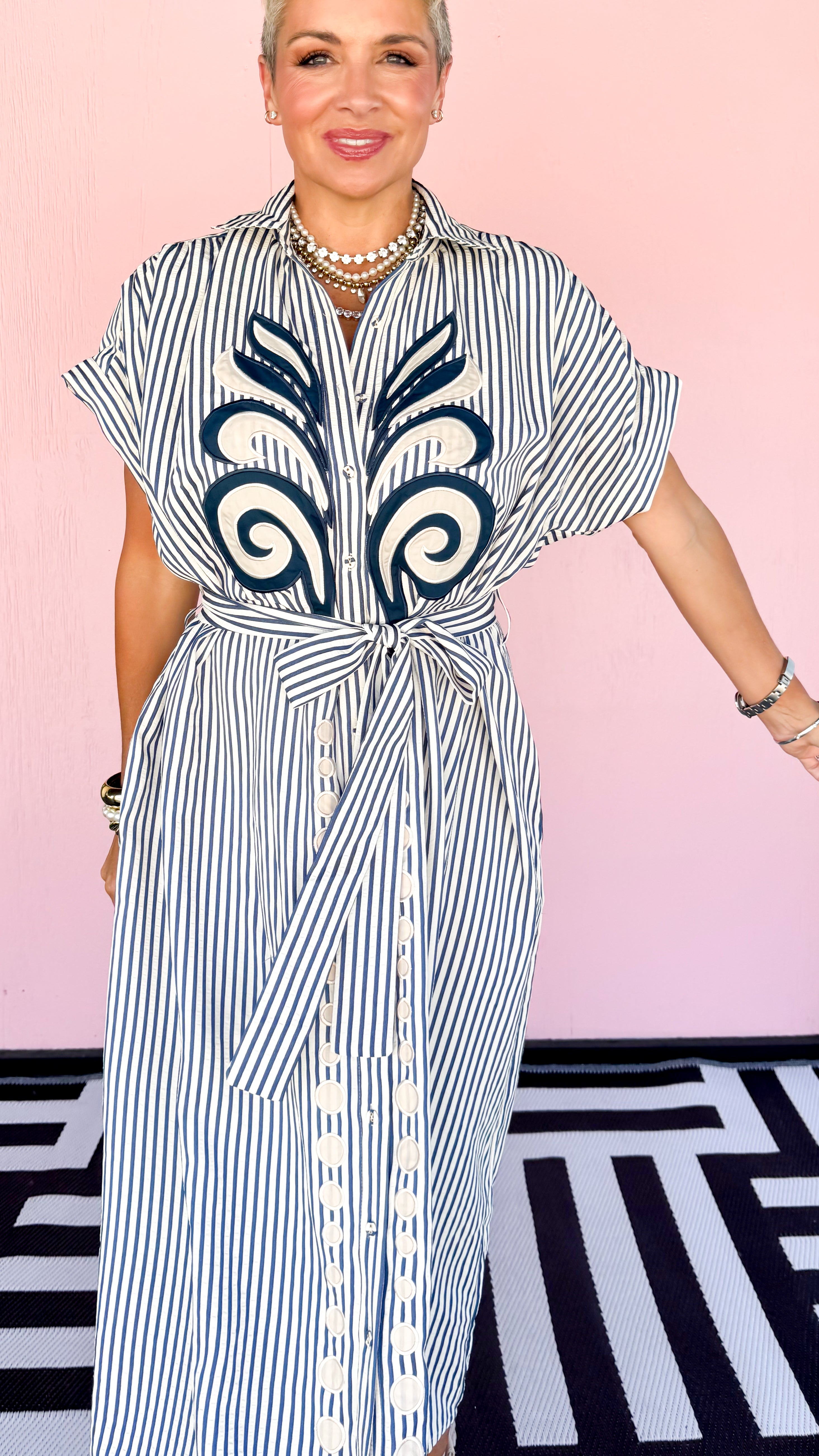 Appliqué Striped Shirt Dress/Navy - The BLVD