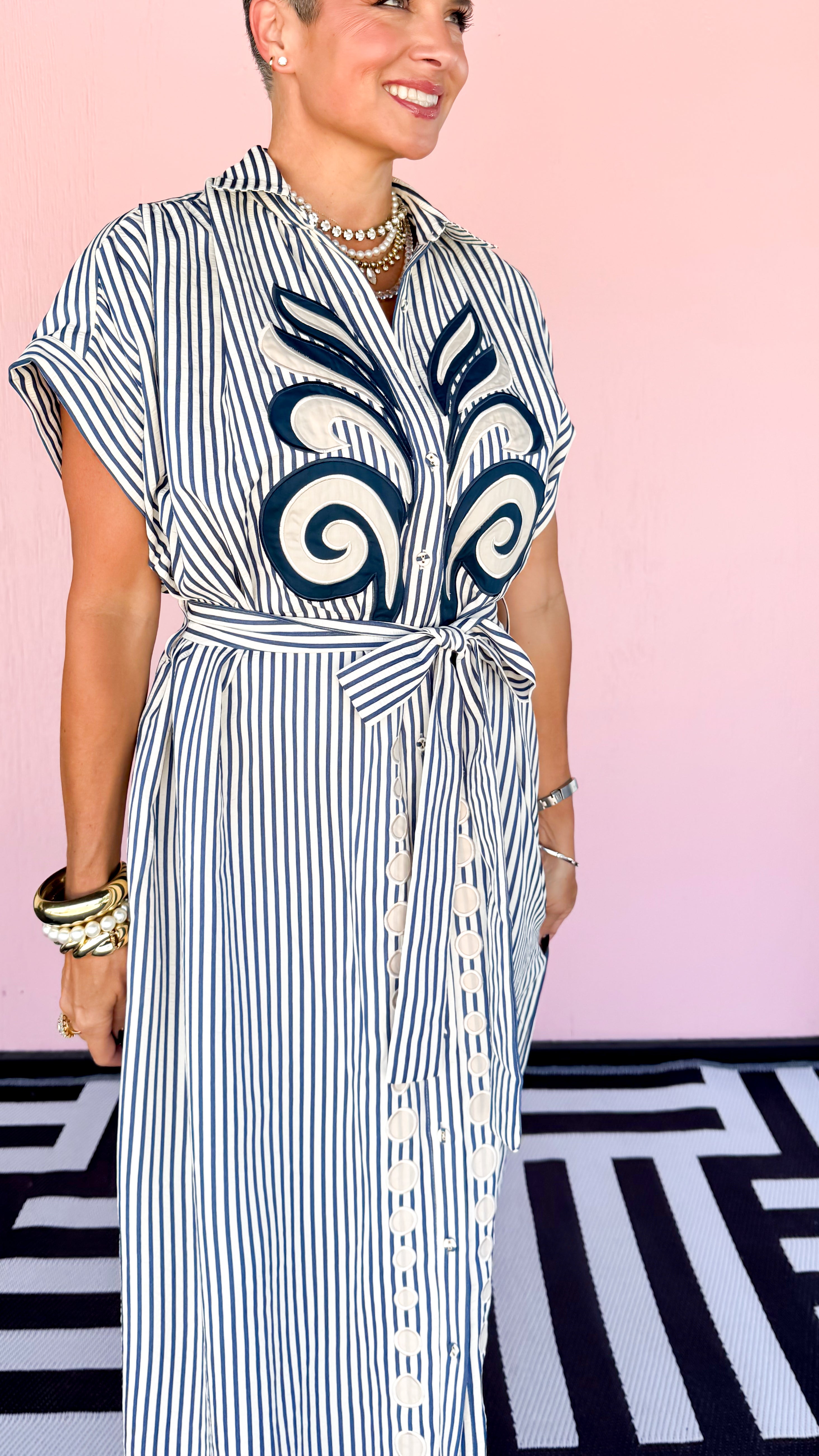 Appliqué Striped Shirt Dress/Navy - The BLVD