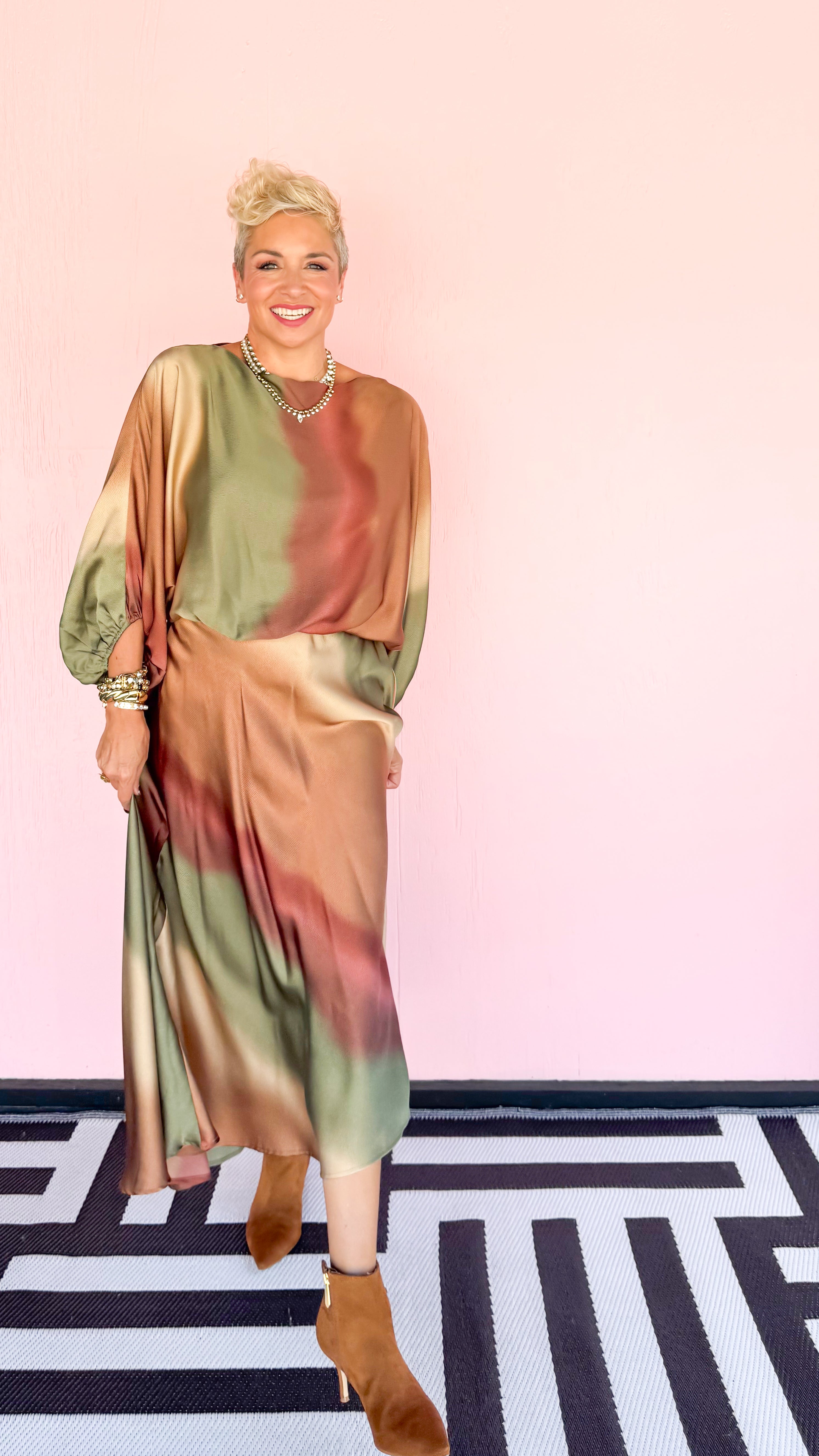 Ombré Satin Swing Skirt/Olive