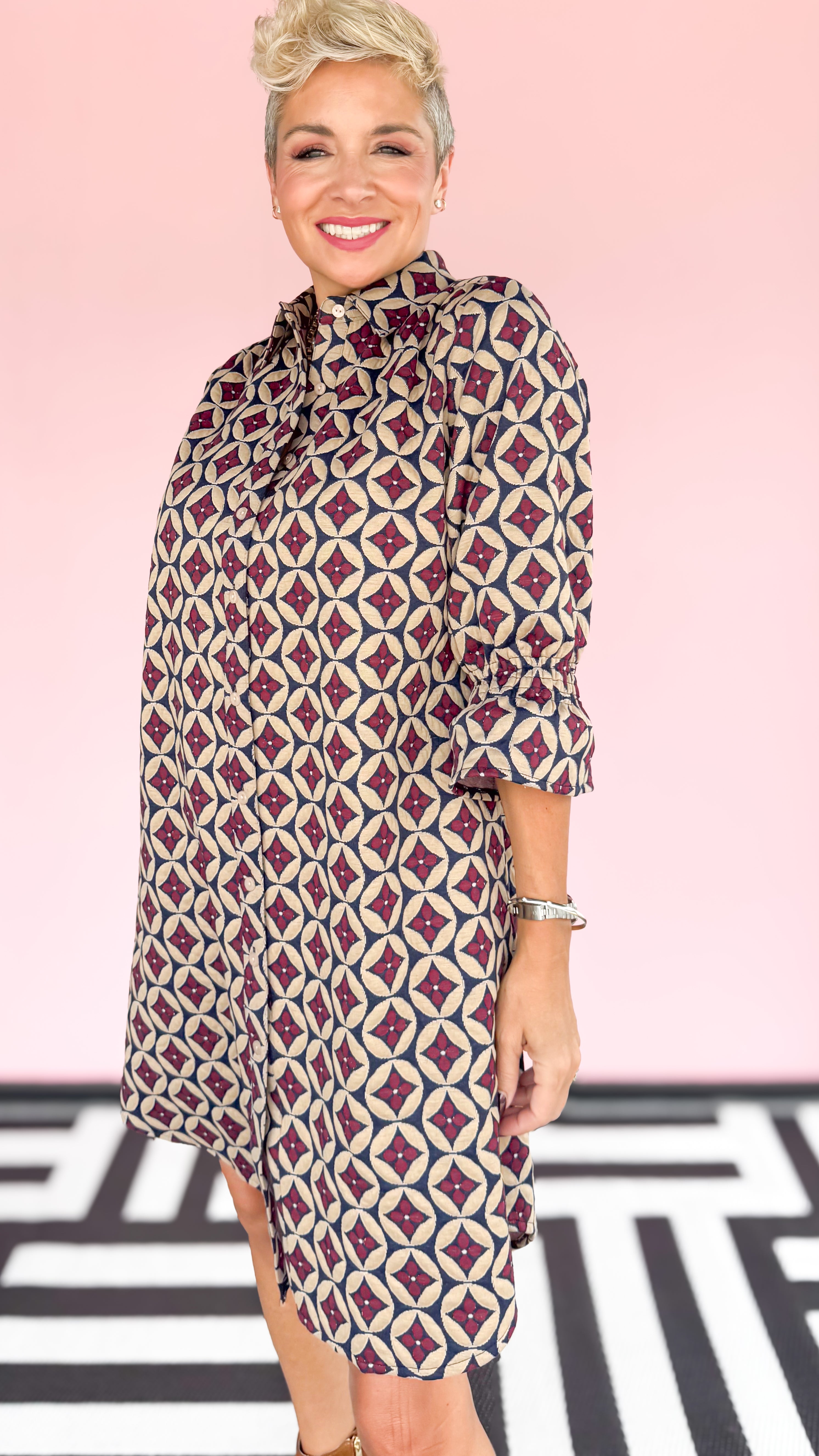 Burgundy Navy Patterned Dress