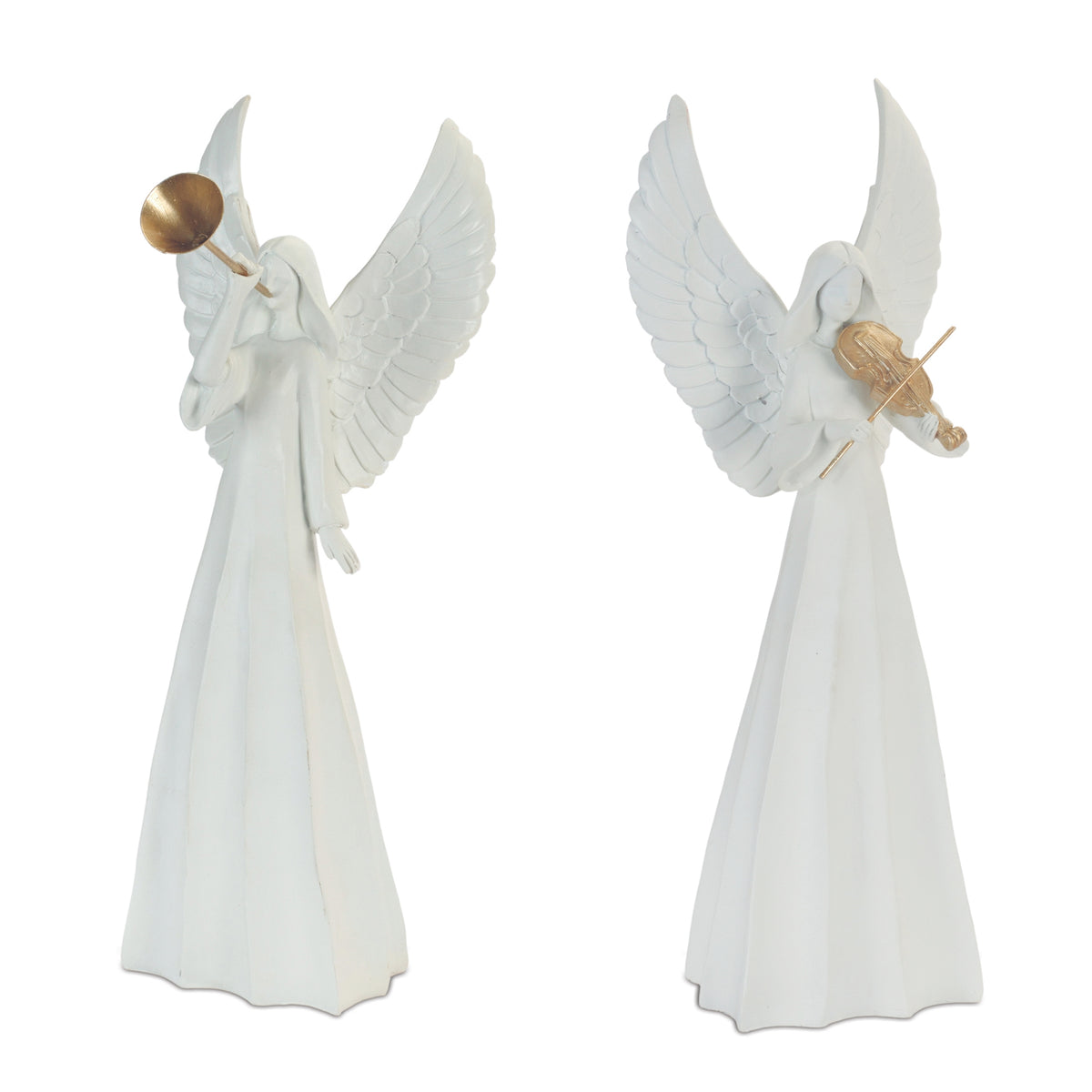 12.75 inch white angel figurine with gold instrument, full view
