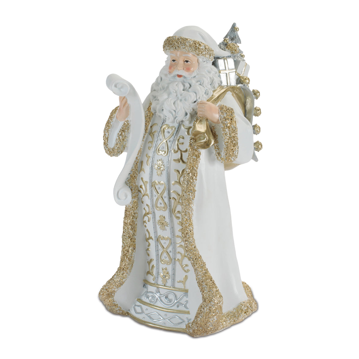 12 inch Santa figurine in cream and gold coat holding his list, full view