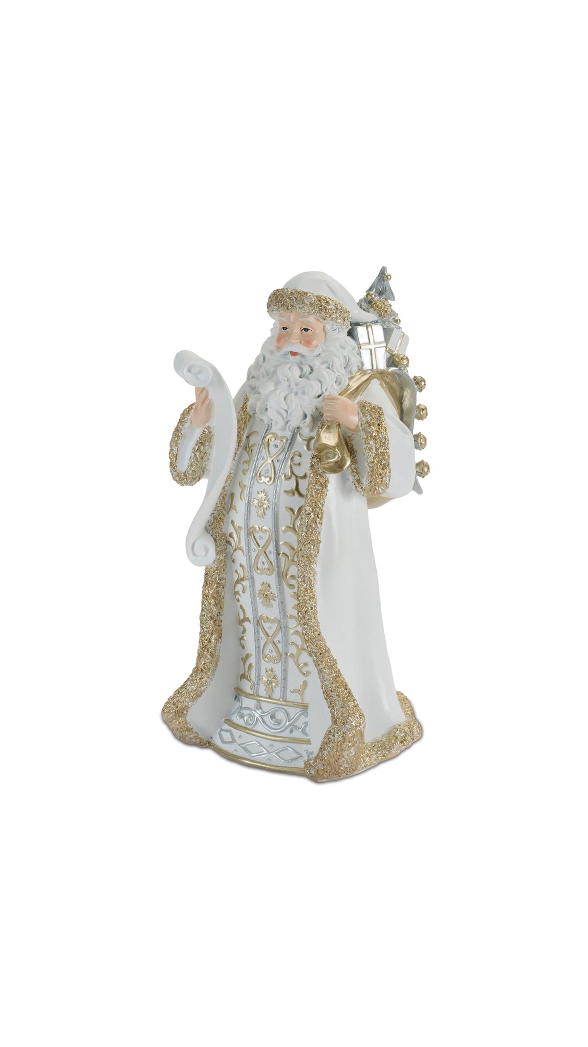 12 inch Santa figurine in cream and gold coat holding his list, front view