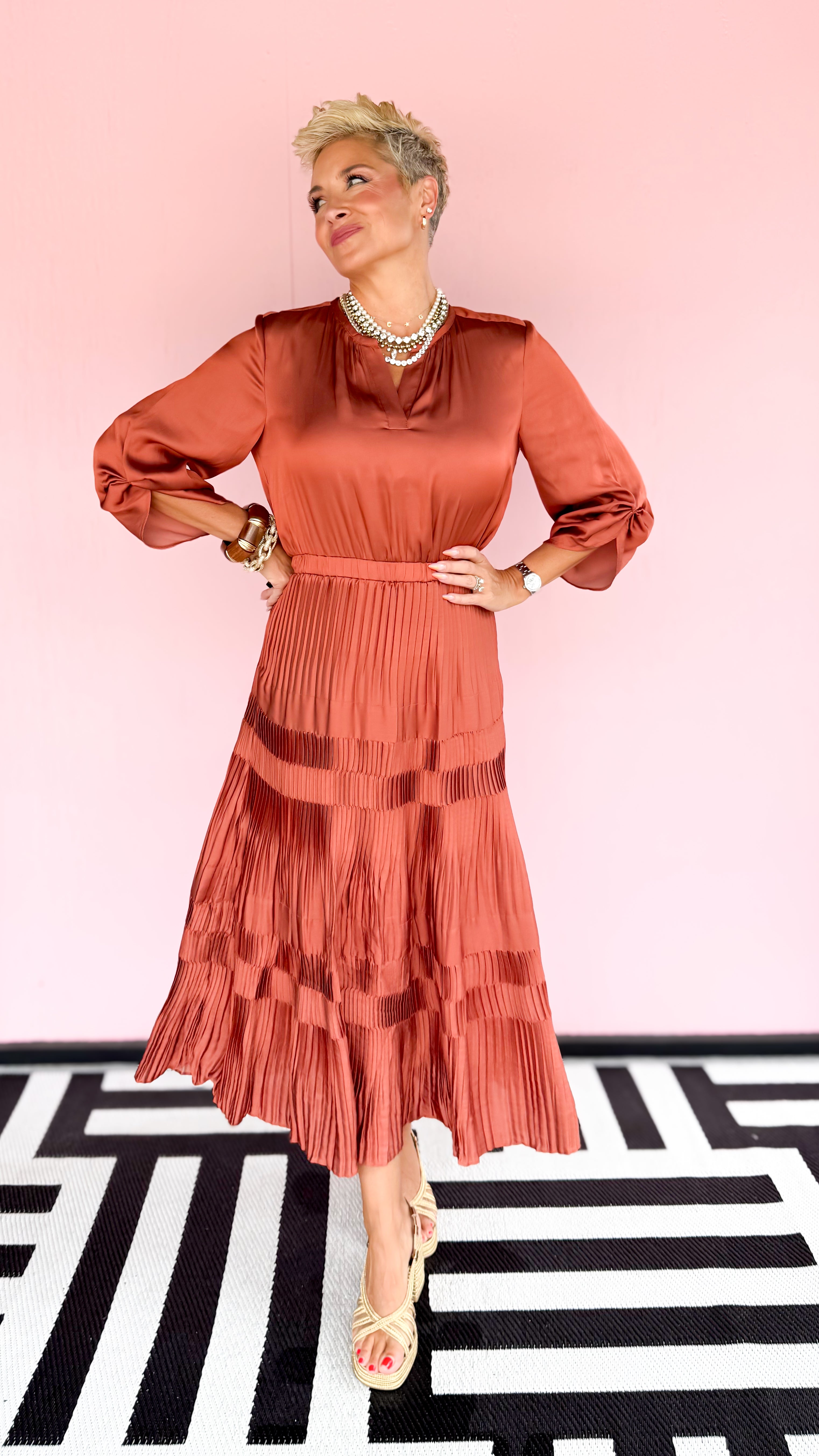 Morgan Pleated Midi Dress/ Rust