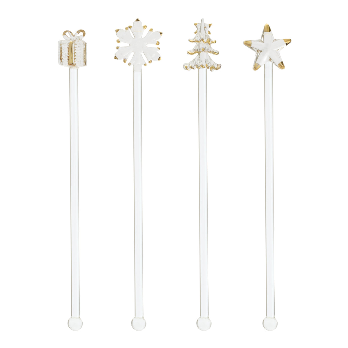 Holiday glass stir sticks with festive toppers, full view