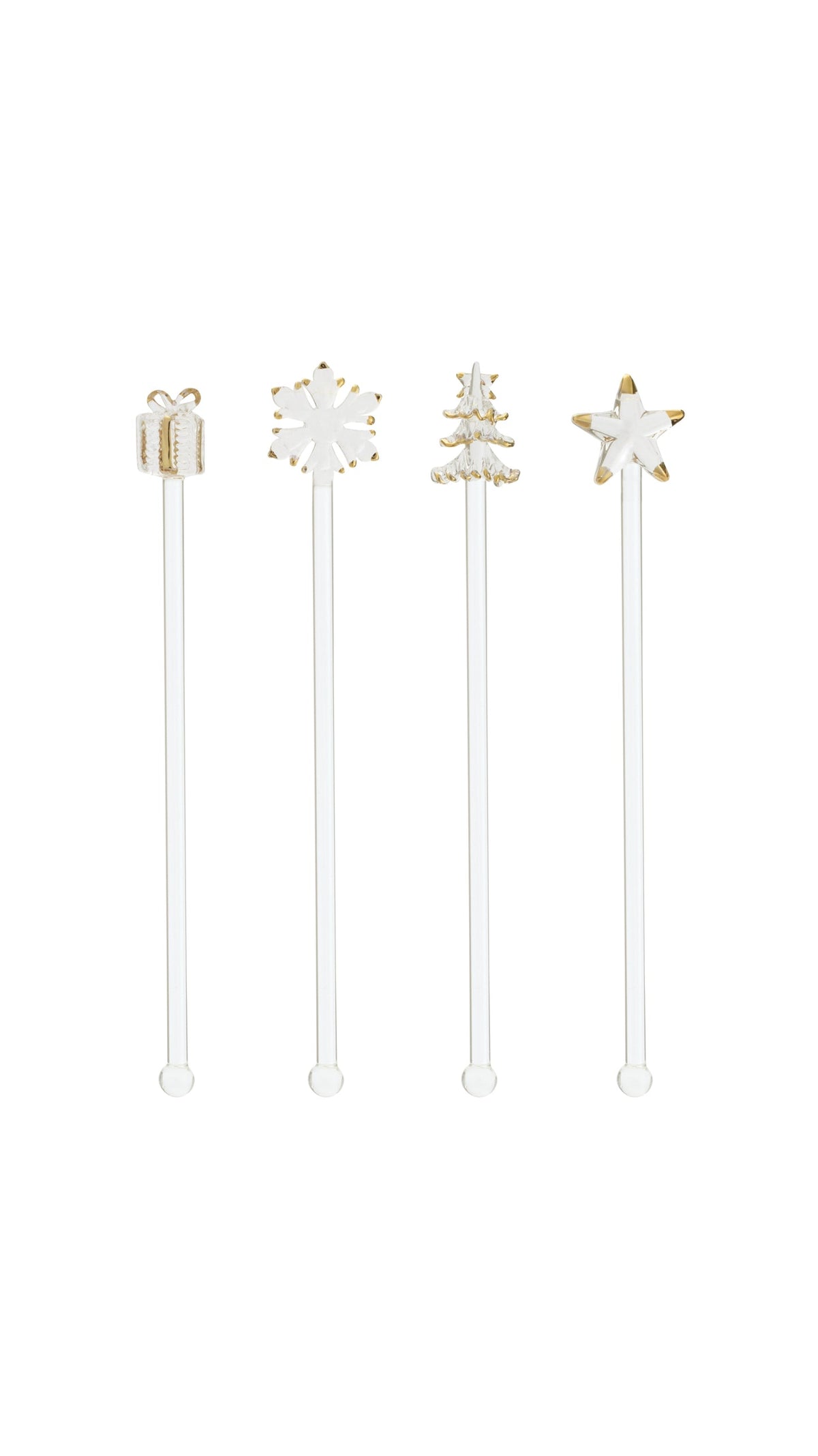Holiday glass stir sticks with festive toppers, front view