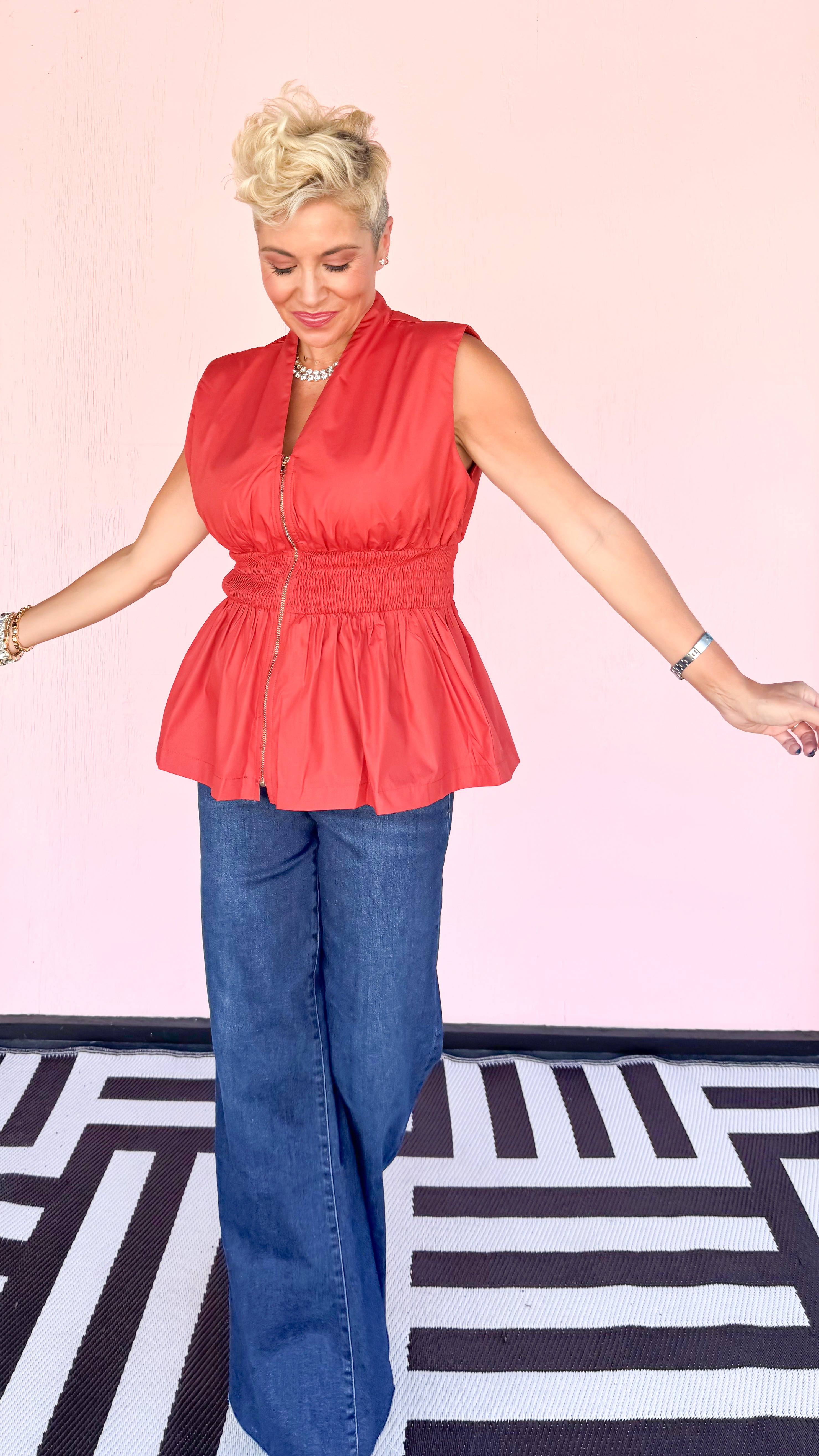 Smocked Waist Zip Top/Rust