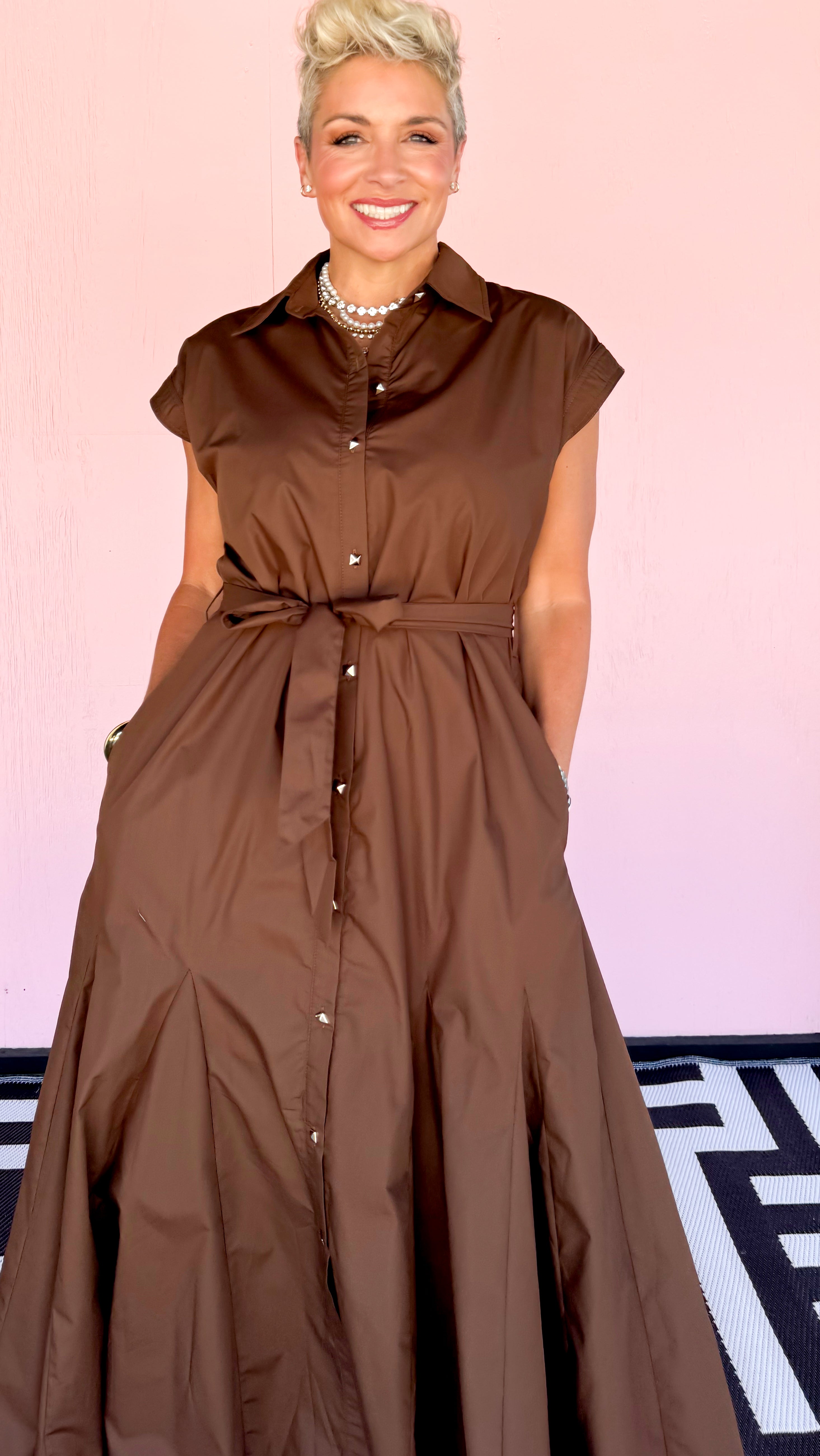 Belted Maxi Shirt Dress/Brown