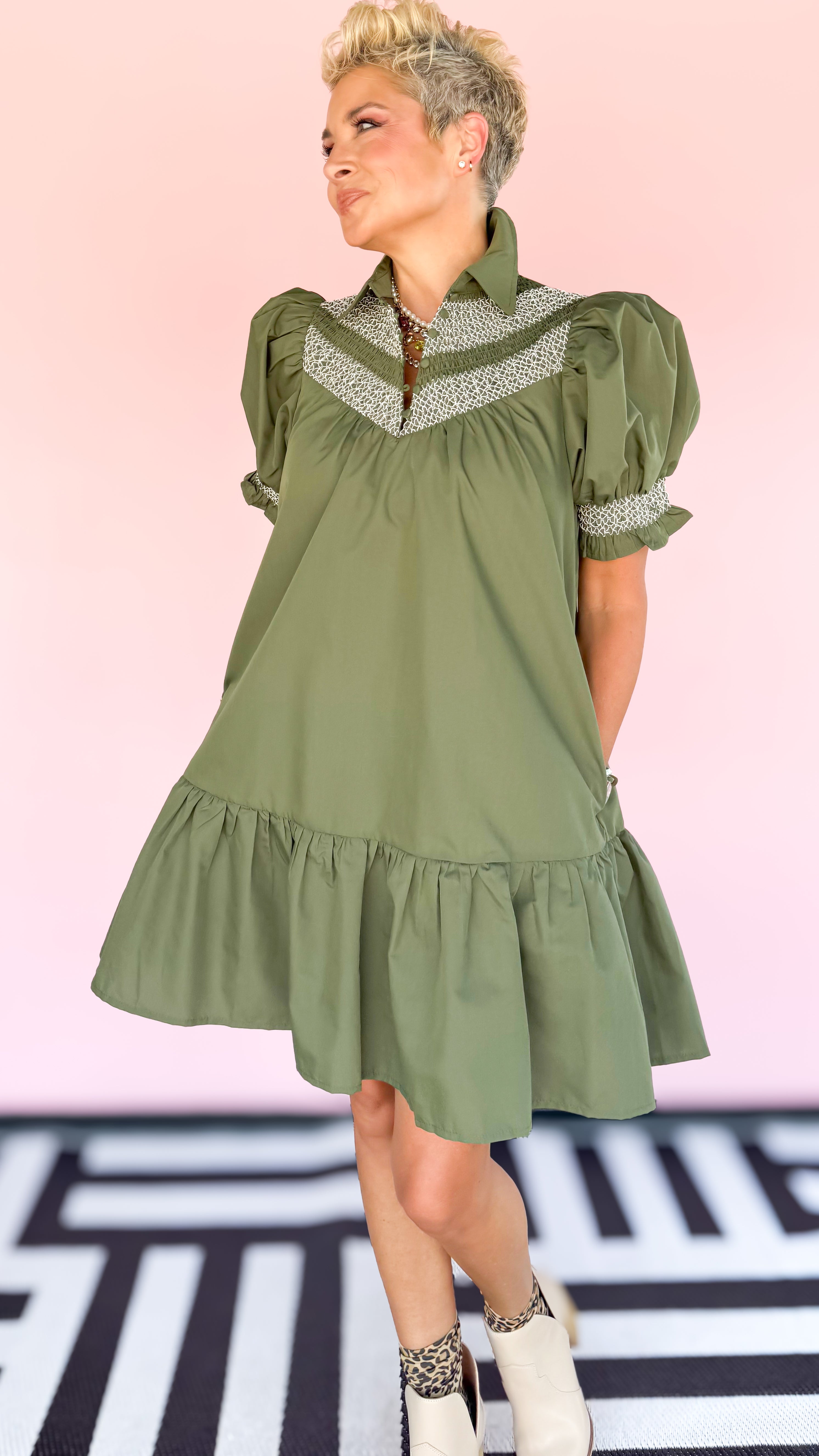 Adele Smocked Mini Dress/Olive