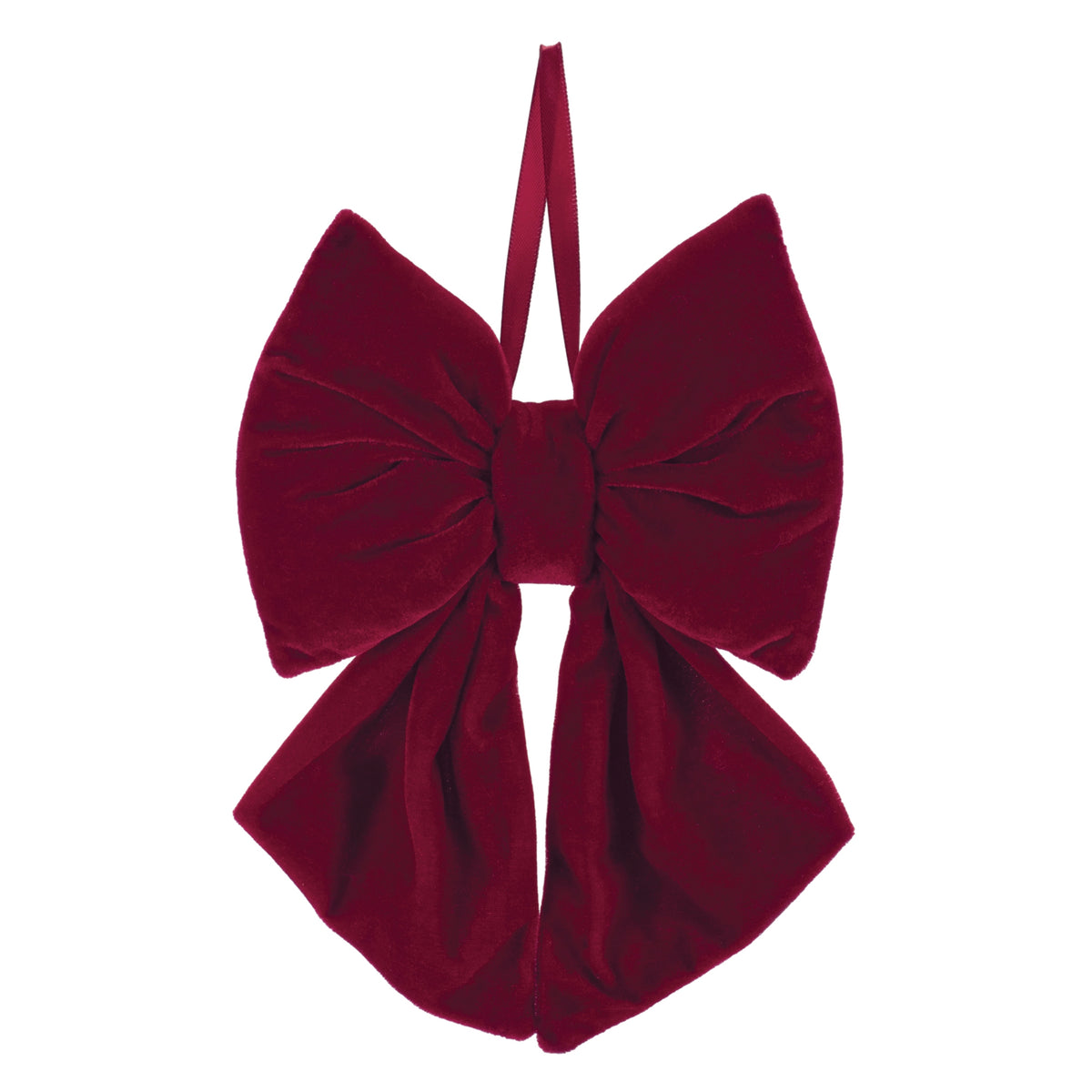 11 inch burgundy fabric bow ornament, full view