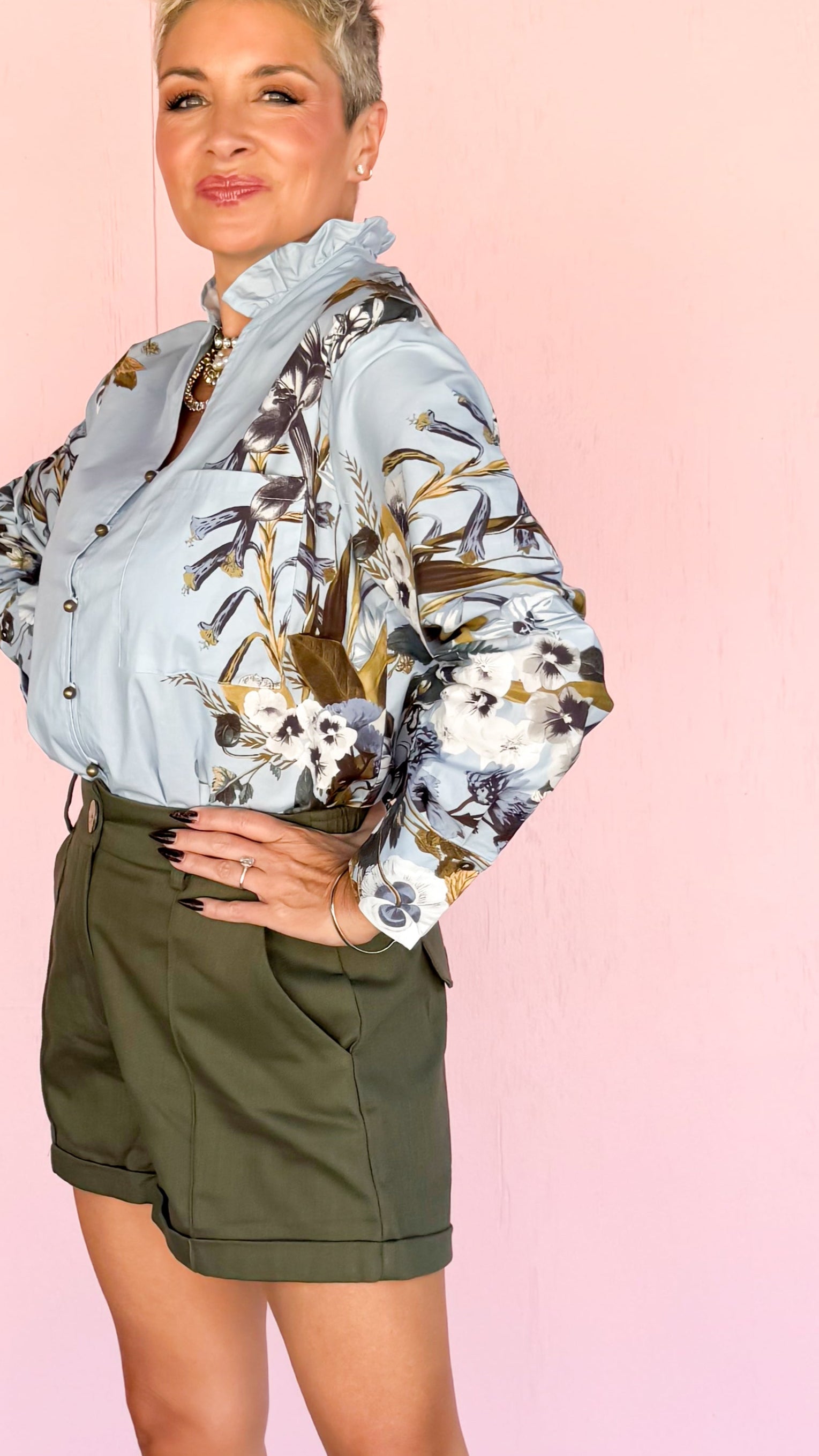 Side Floral Ball Button Top/Blue
