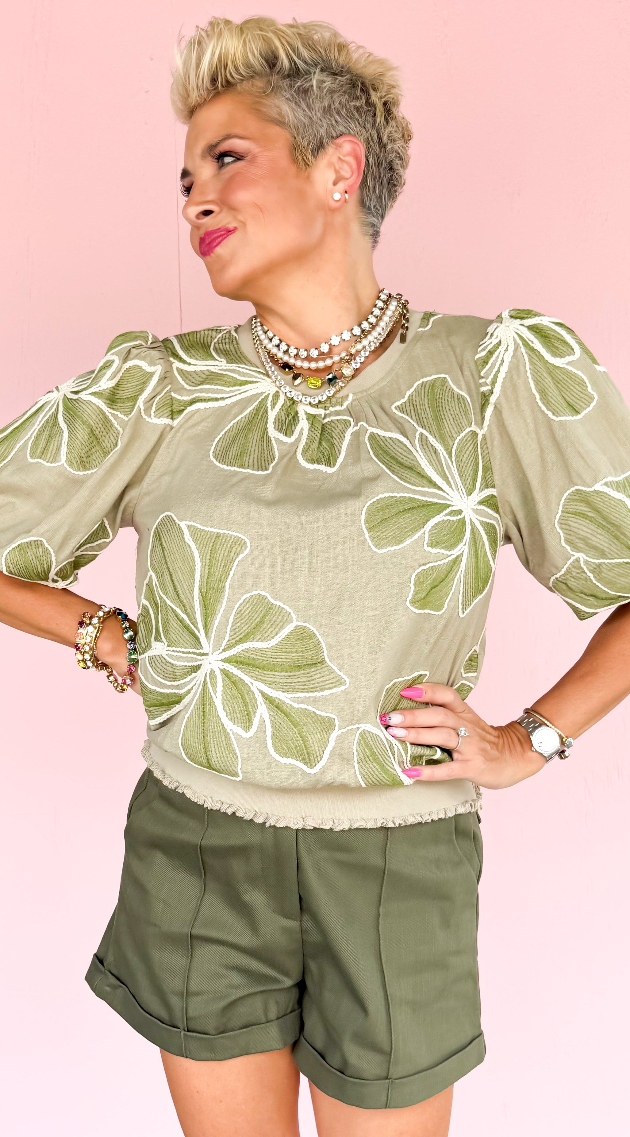 Dorinda Large Floral Top/Olive