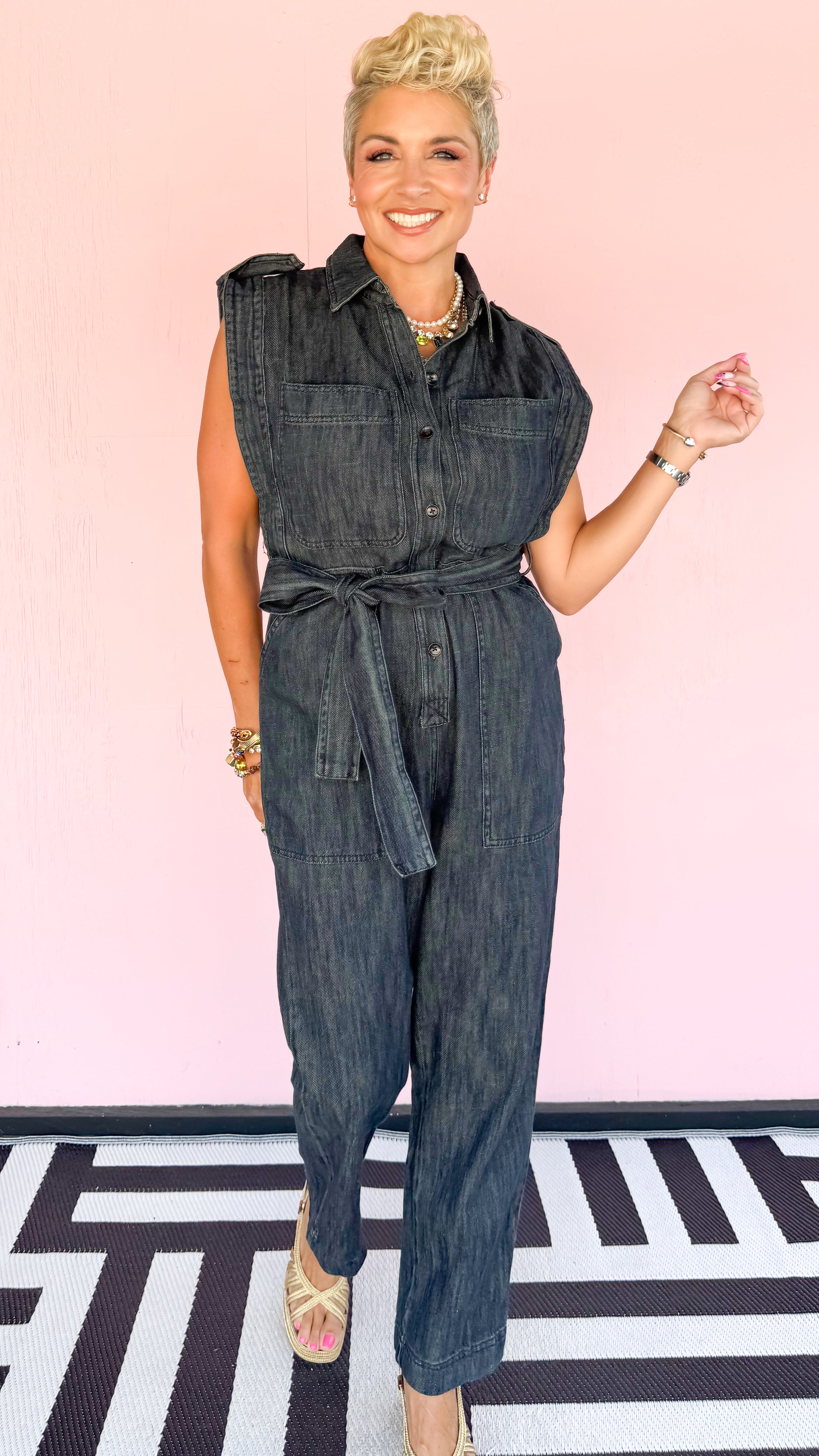 Sleeveless Belted Denim Jumpsuit