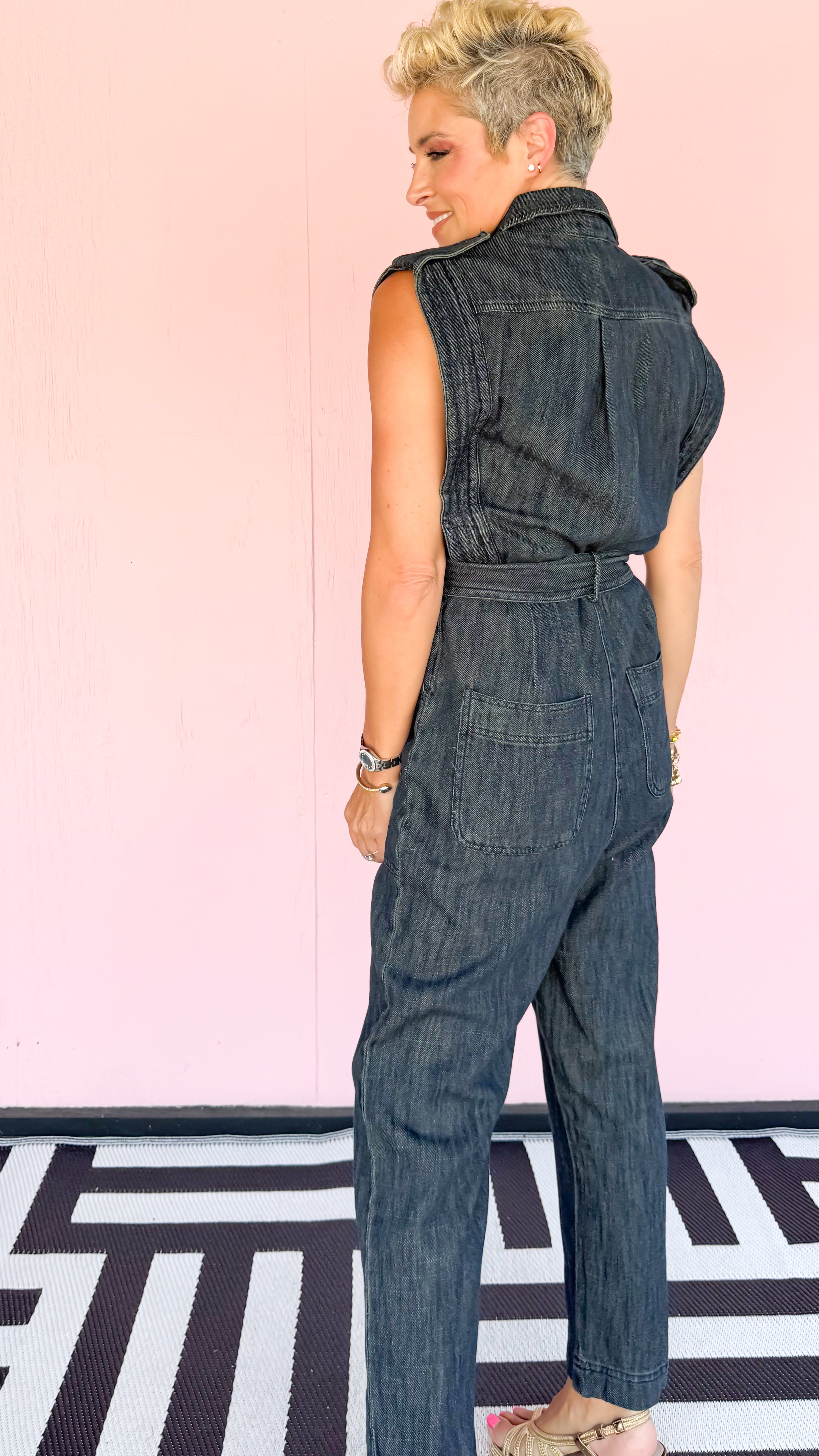 Sleeveless Belted Denim Jumpsuit