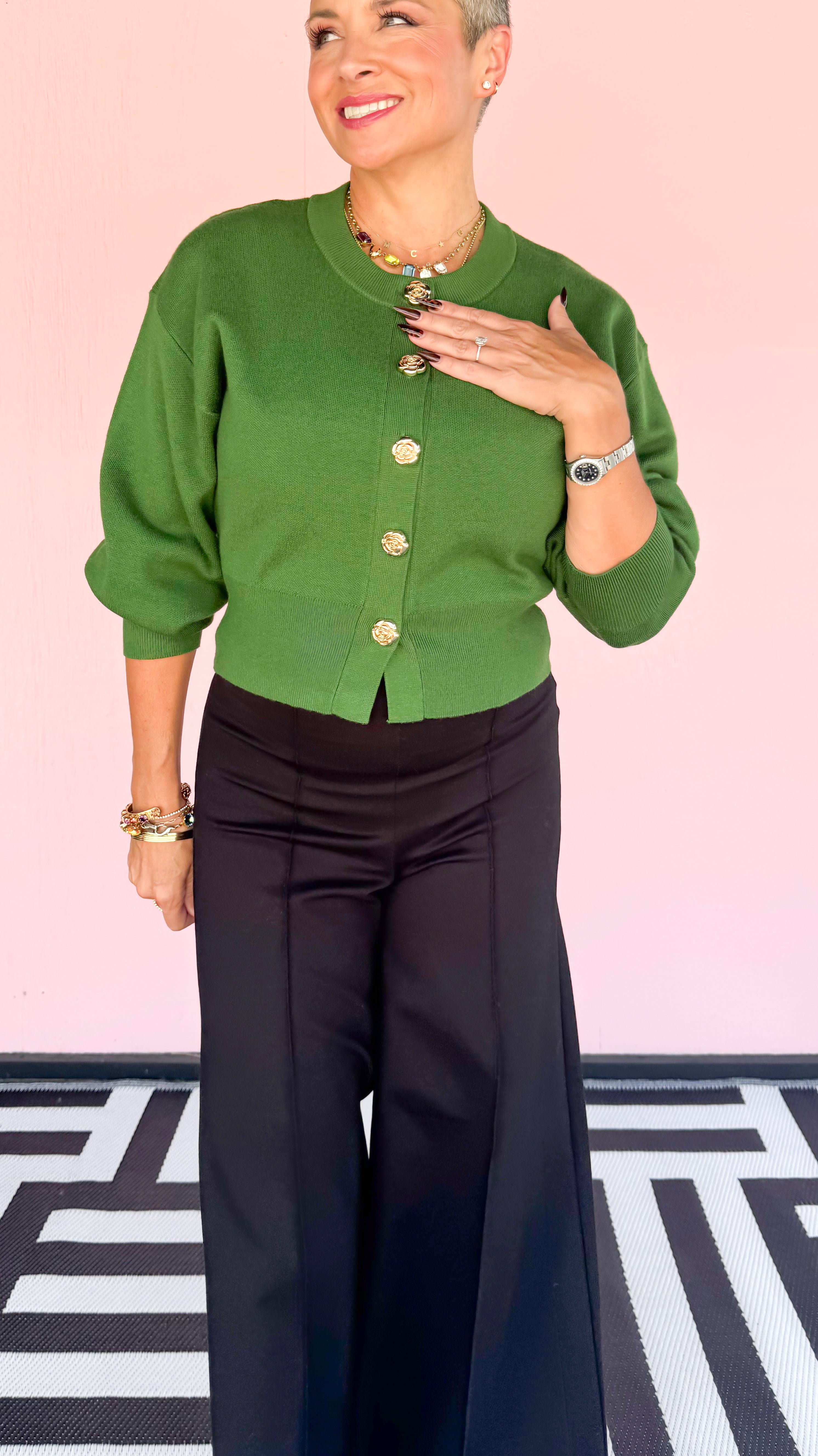 Rose Gold Button Cardigan/Forest