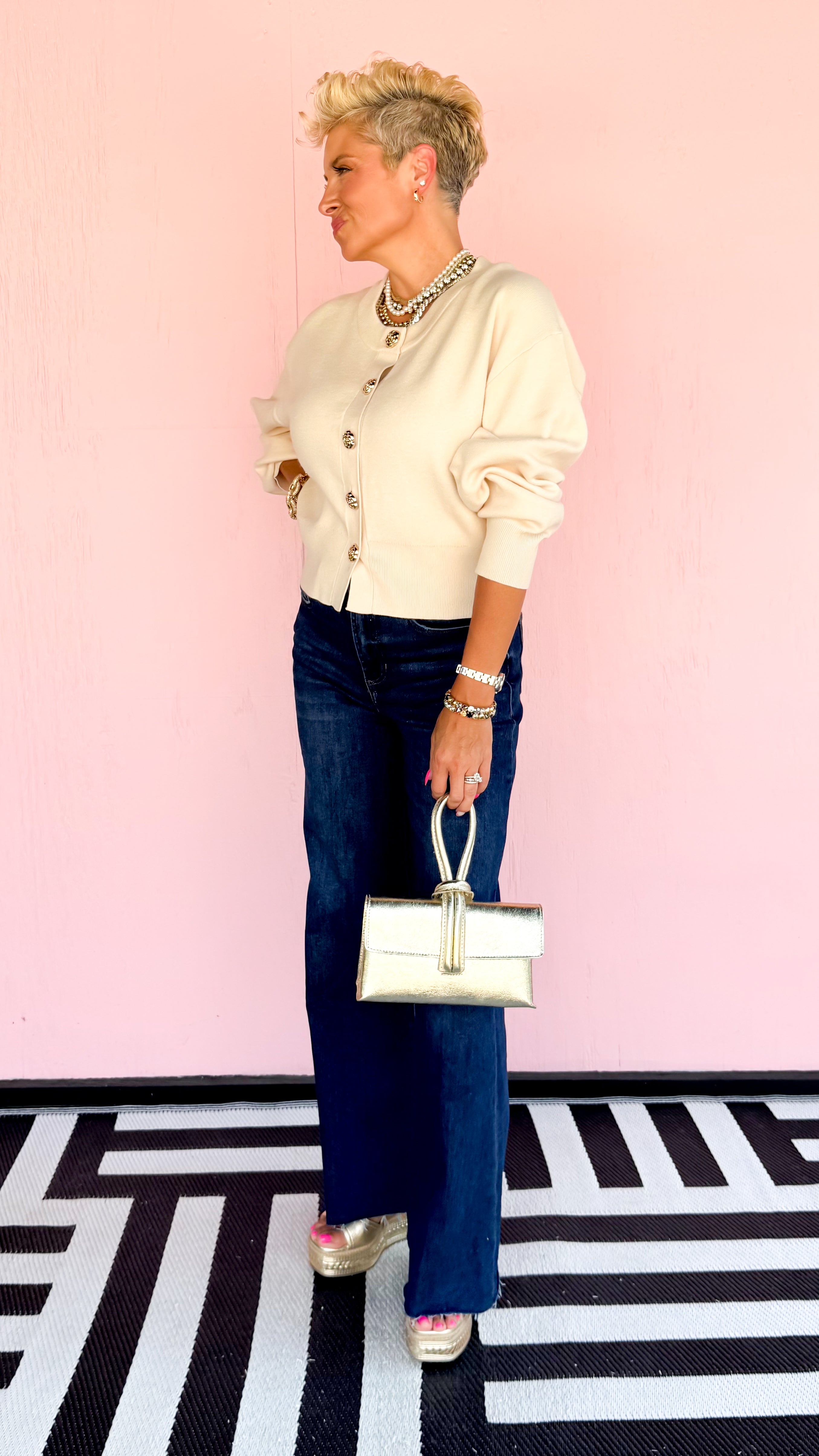 Rose Gold Button Cardigan/Cream - The BLVD