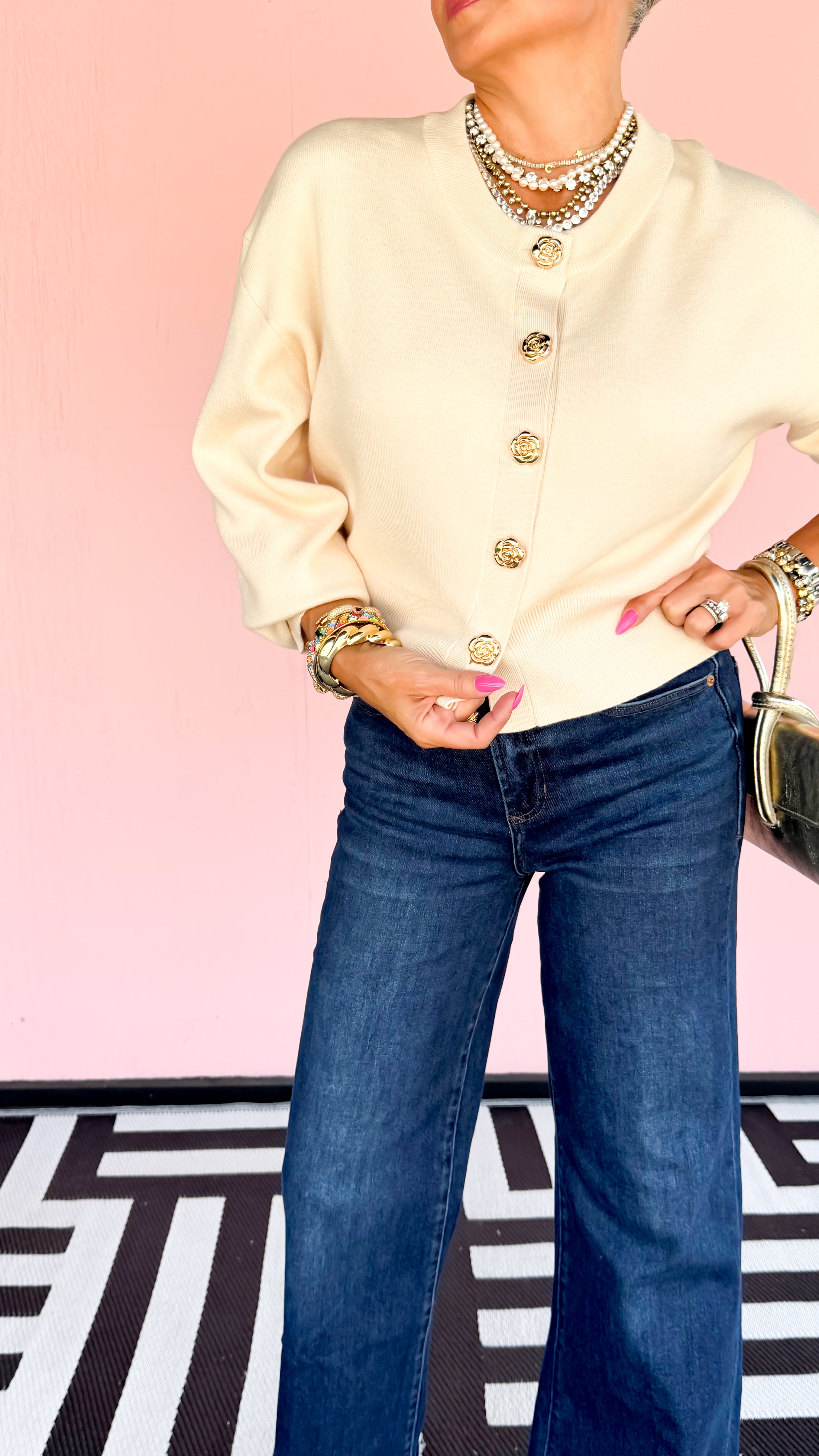 Rose Gold Button Cardigan/Cream - The BLVD