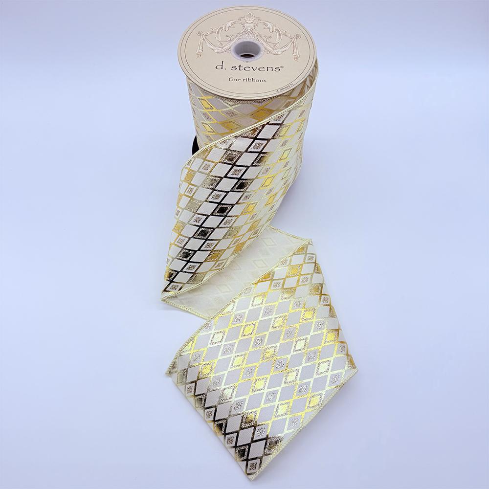 Satin Metallic Embossed Glitter Ribbon - Harlequin, Ivory, 4" x 10yds