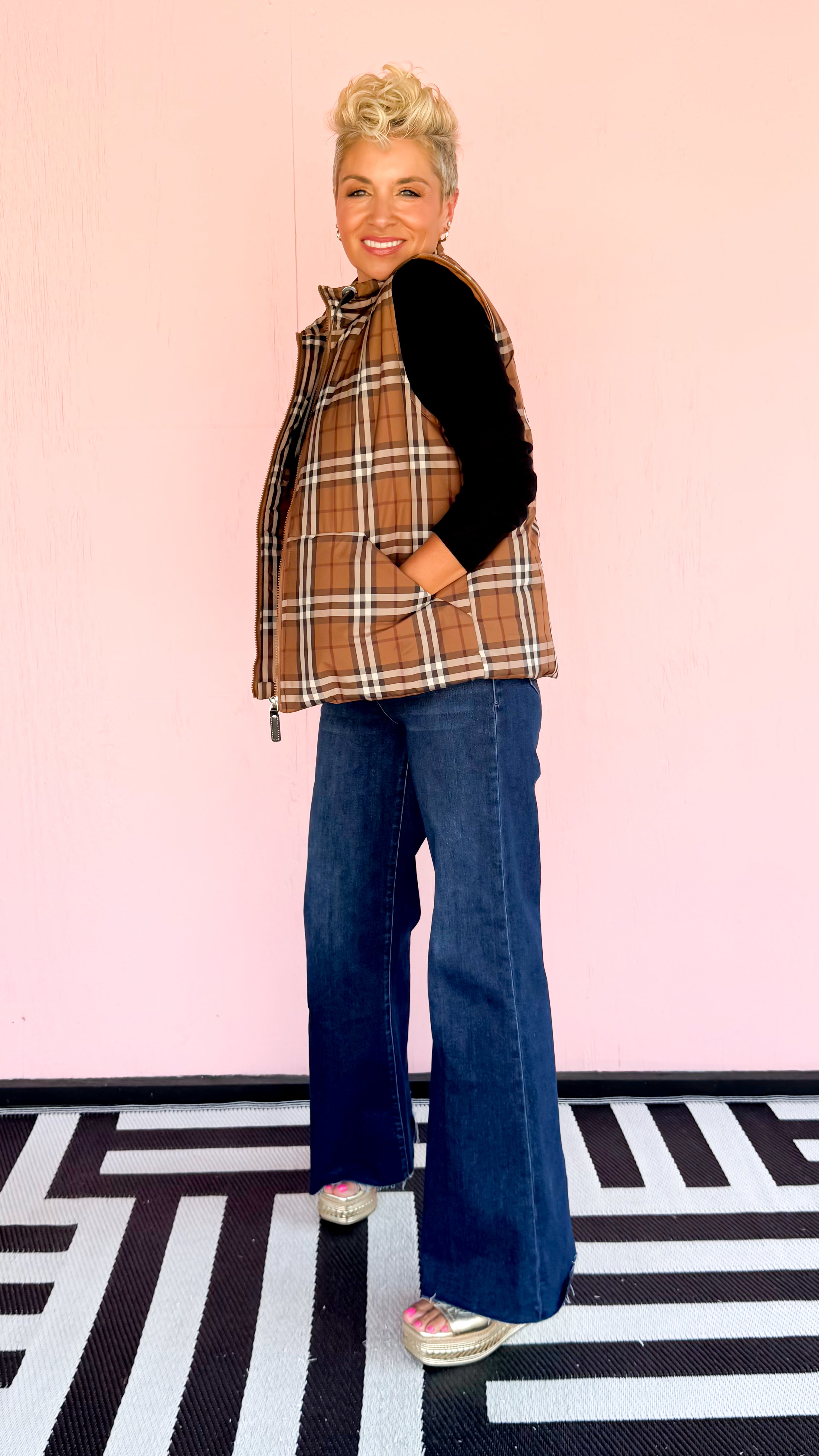 Front Zip Plaid Vest/Brown