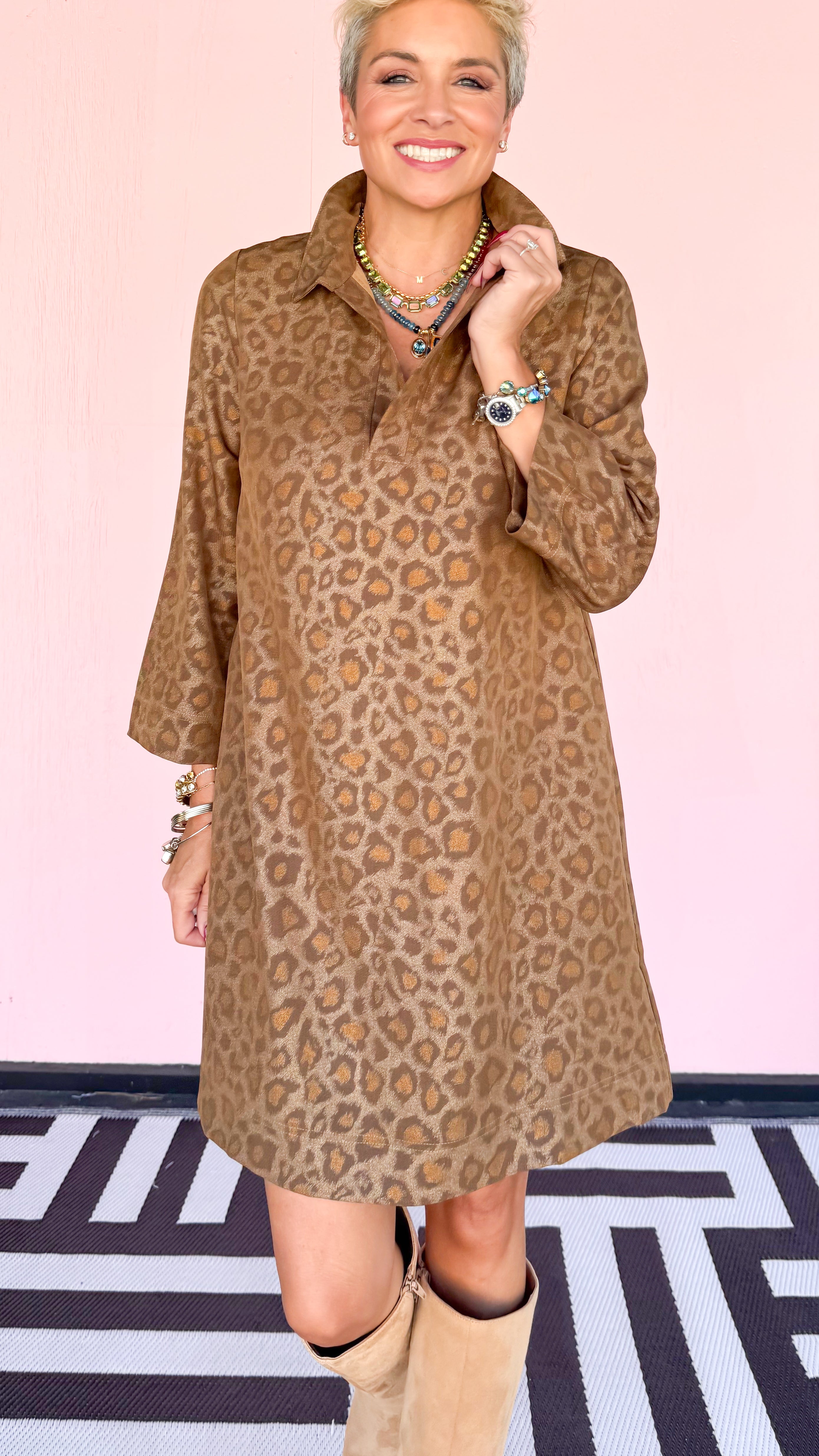 Bell Sleeve Mini Dress/ Metalic Brown Leopard