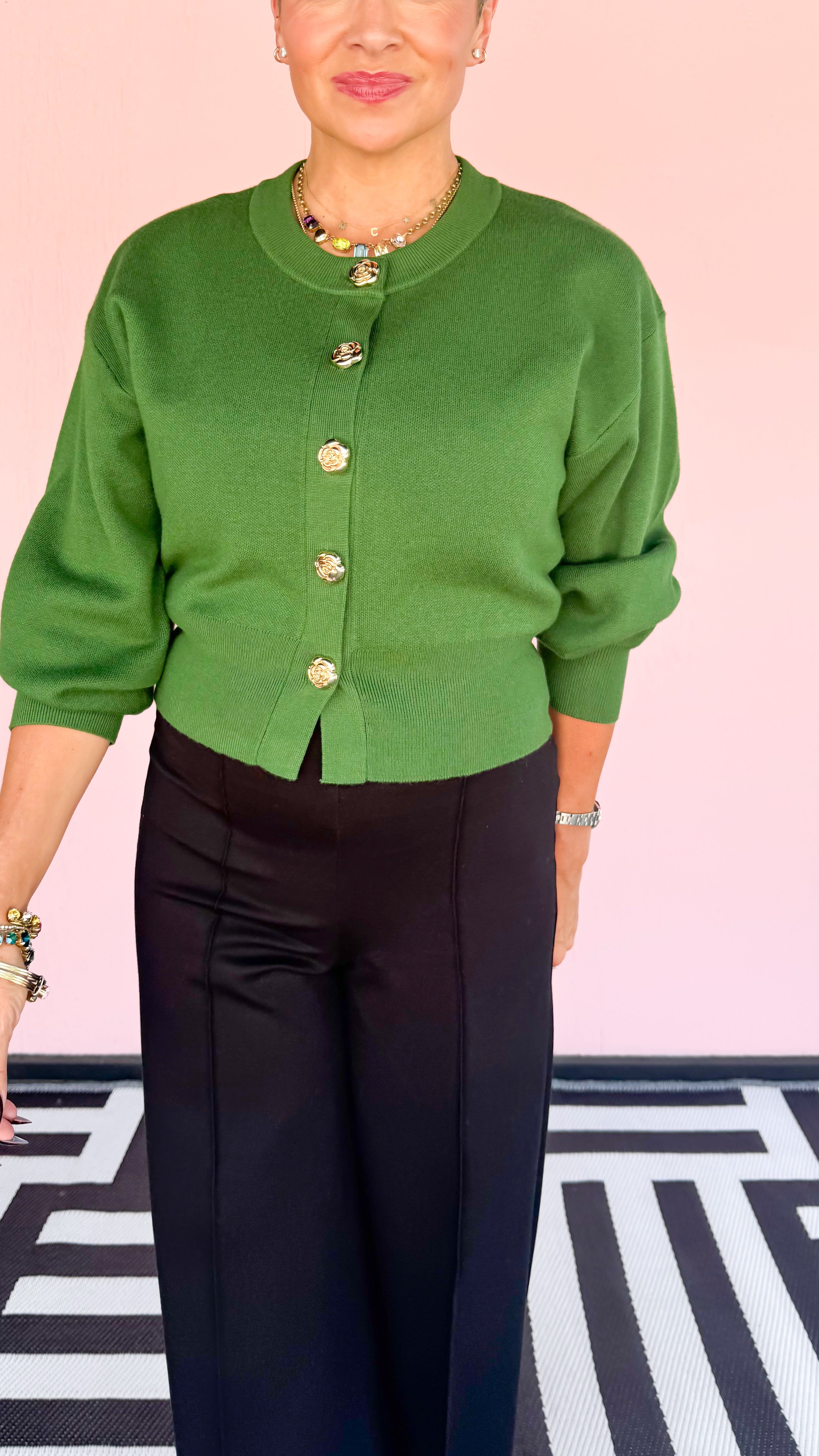 Rose Gold Button Cardigan/Forest