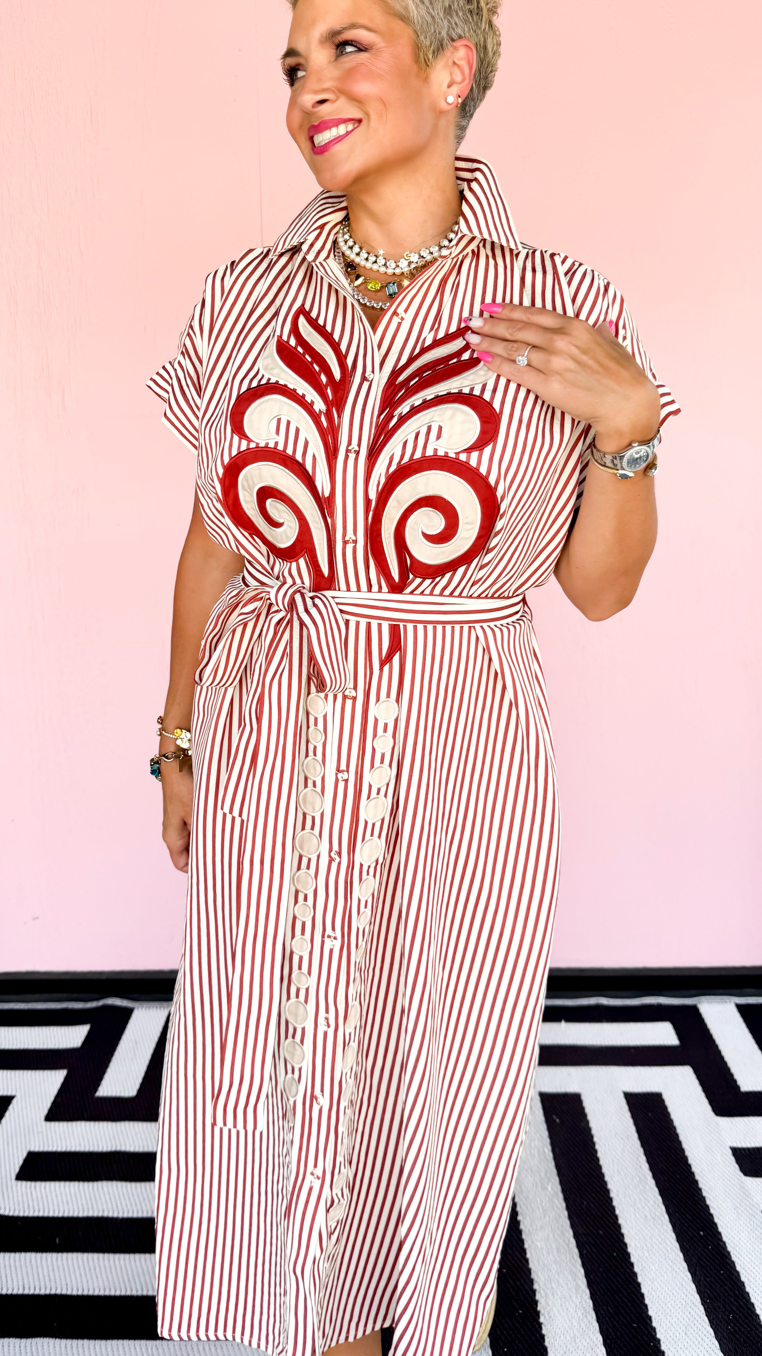 Appliqué Striped Shirt Dress/Brick
