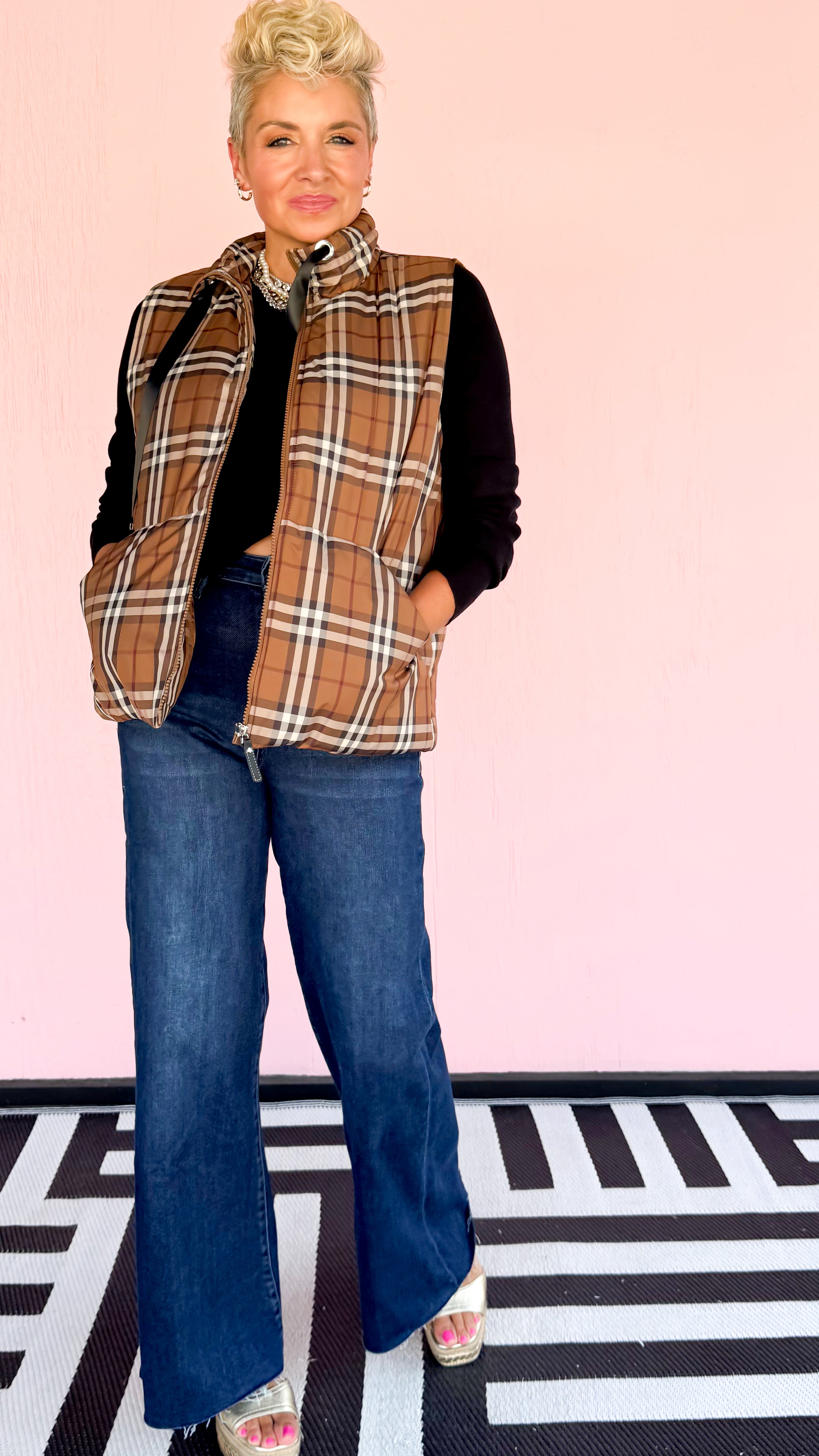 Front Zip Plaid Vest/Brown