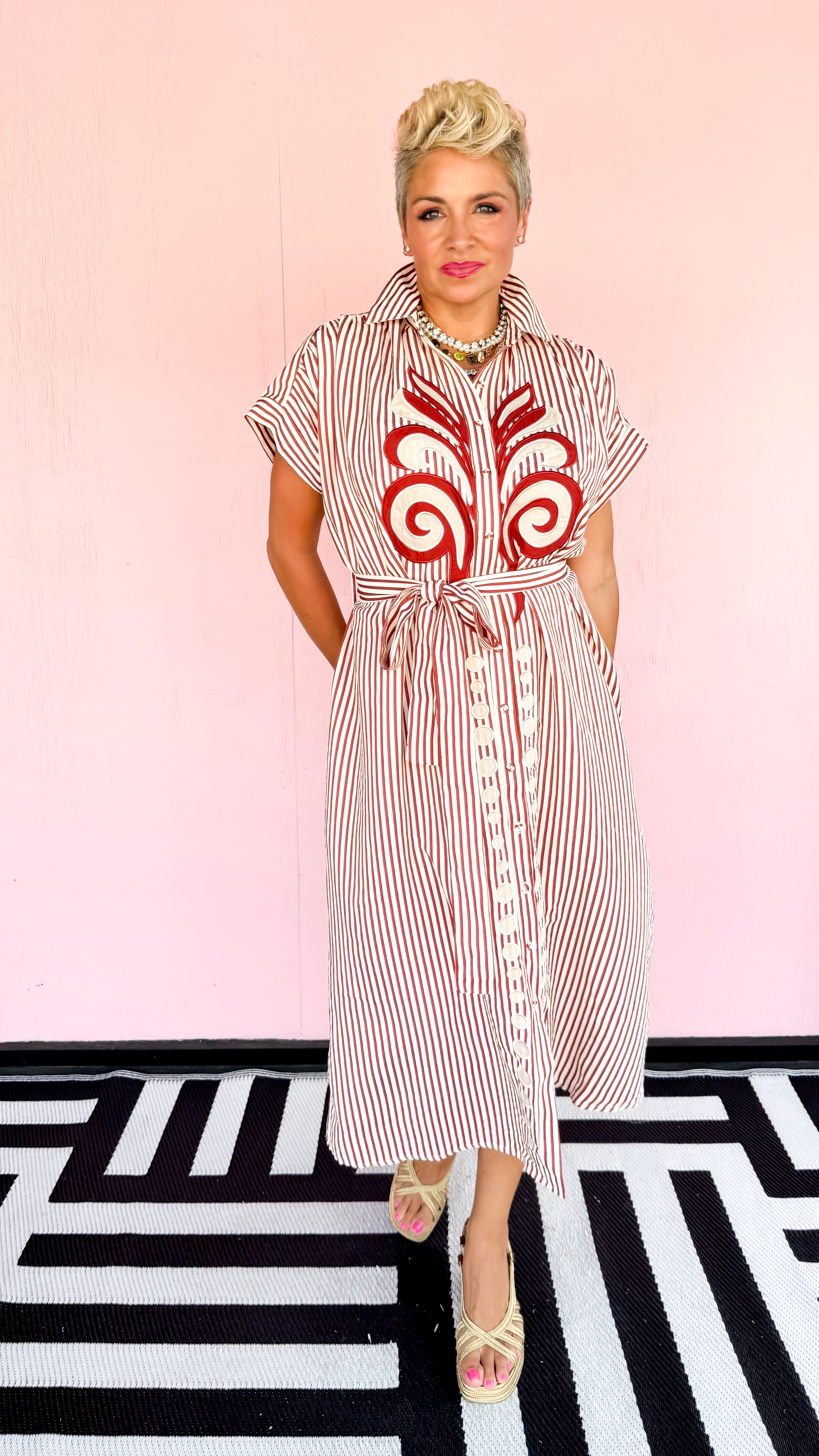 Appliqué Striped Shirt Dress/Brick