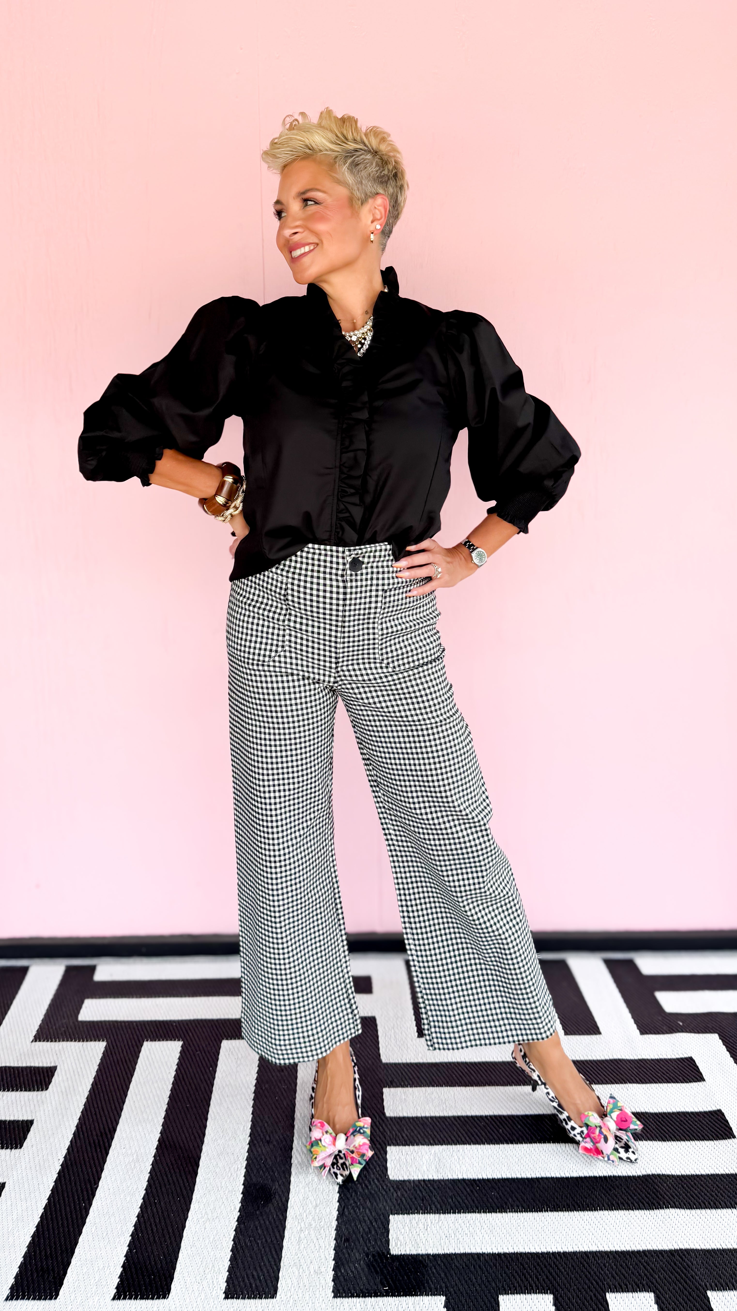Gingham Straight Leg Pants/Black - The BLVD