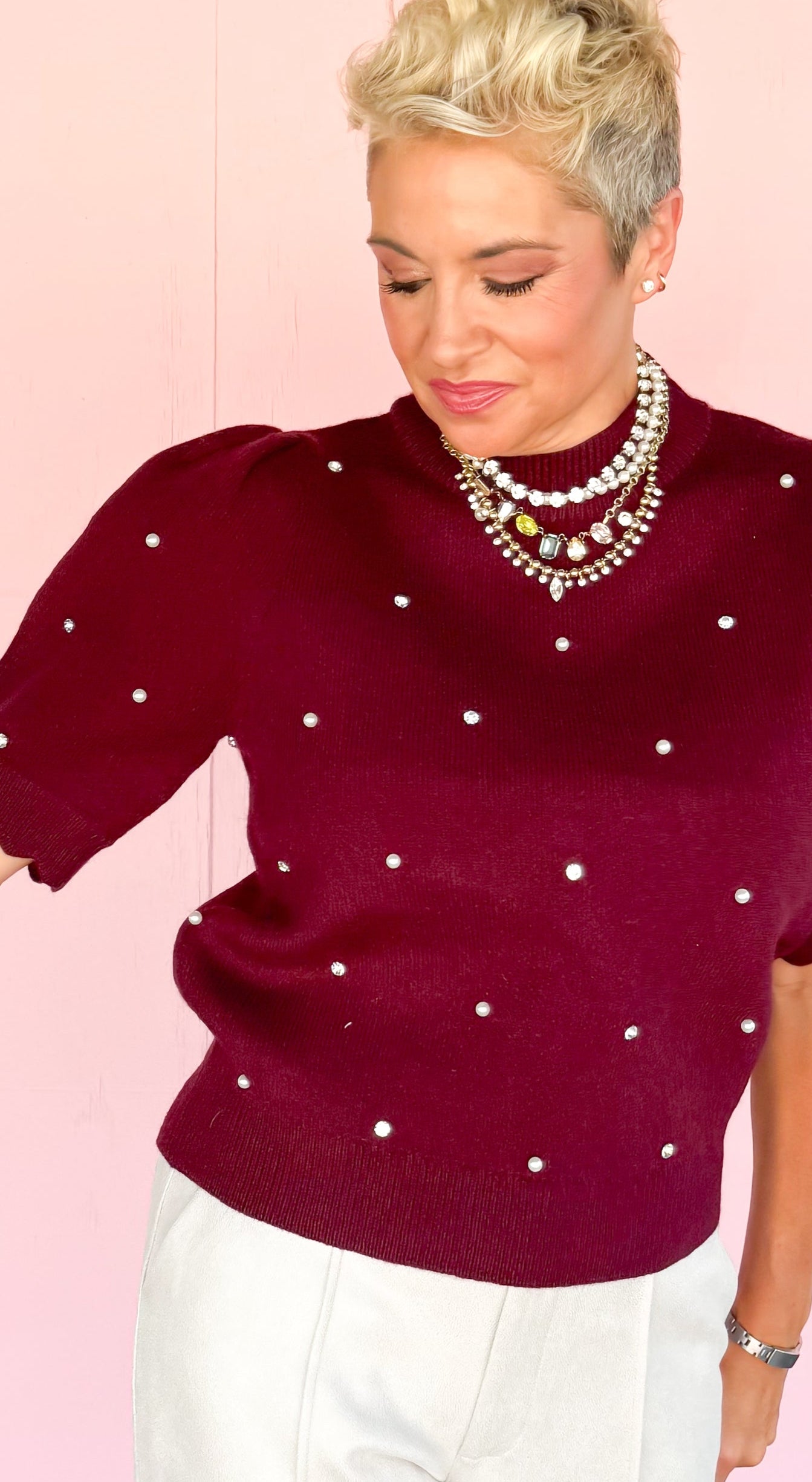 Scalloped Sleeve Sweater Top/Wine