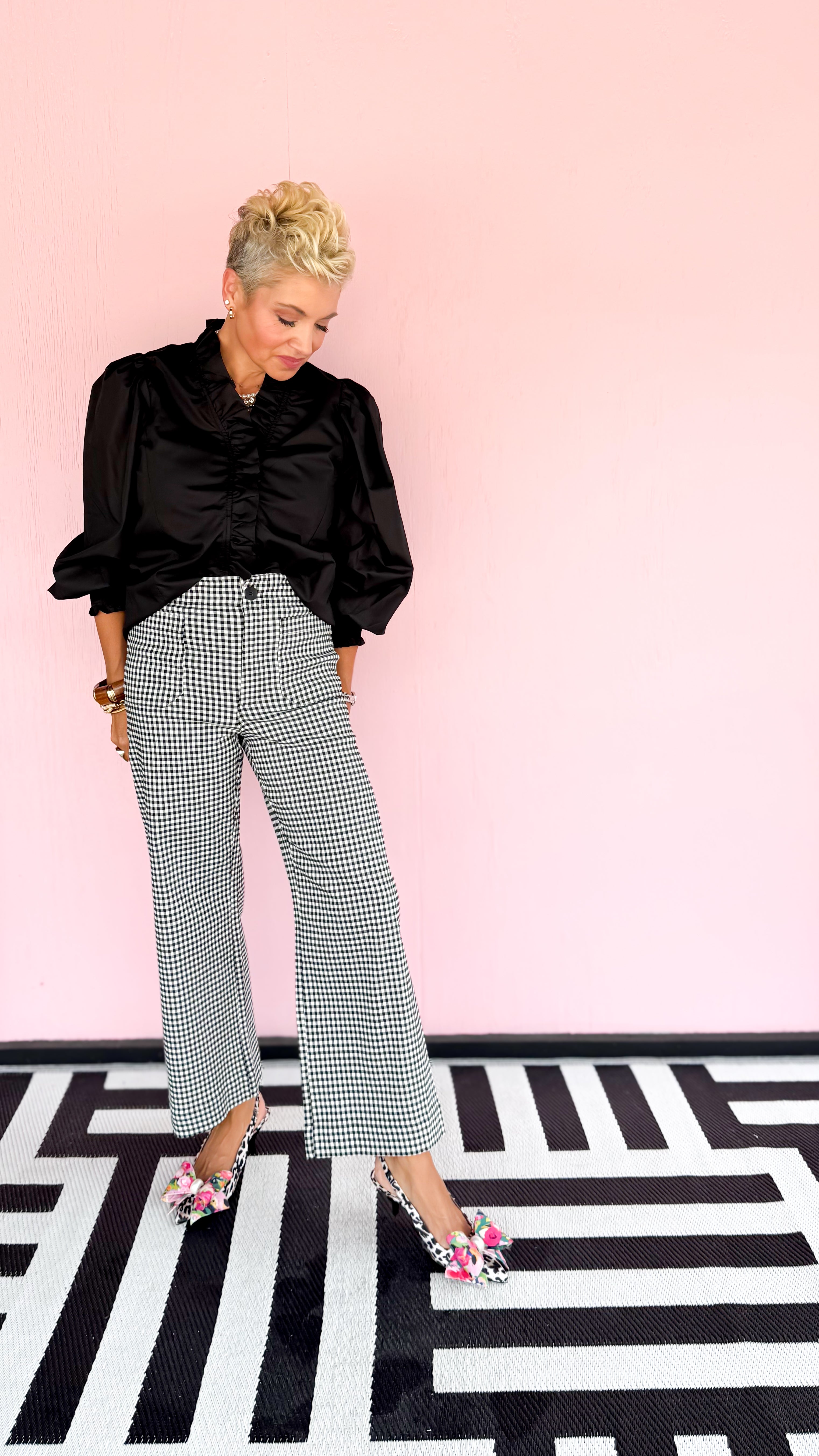 Gingham Straight Leg Pants/Black