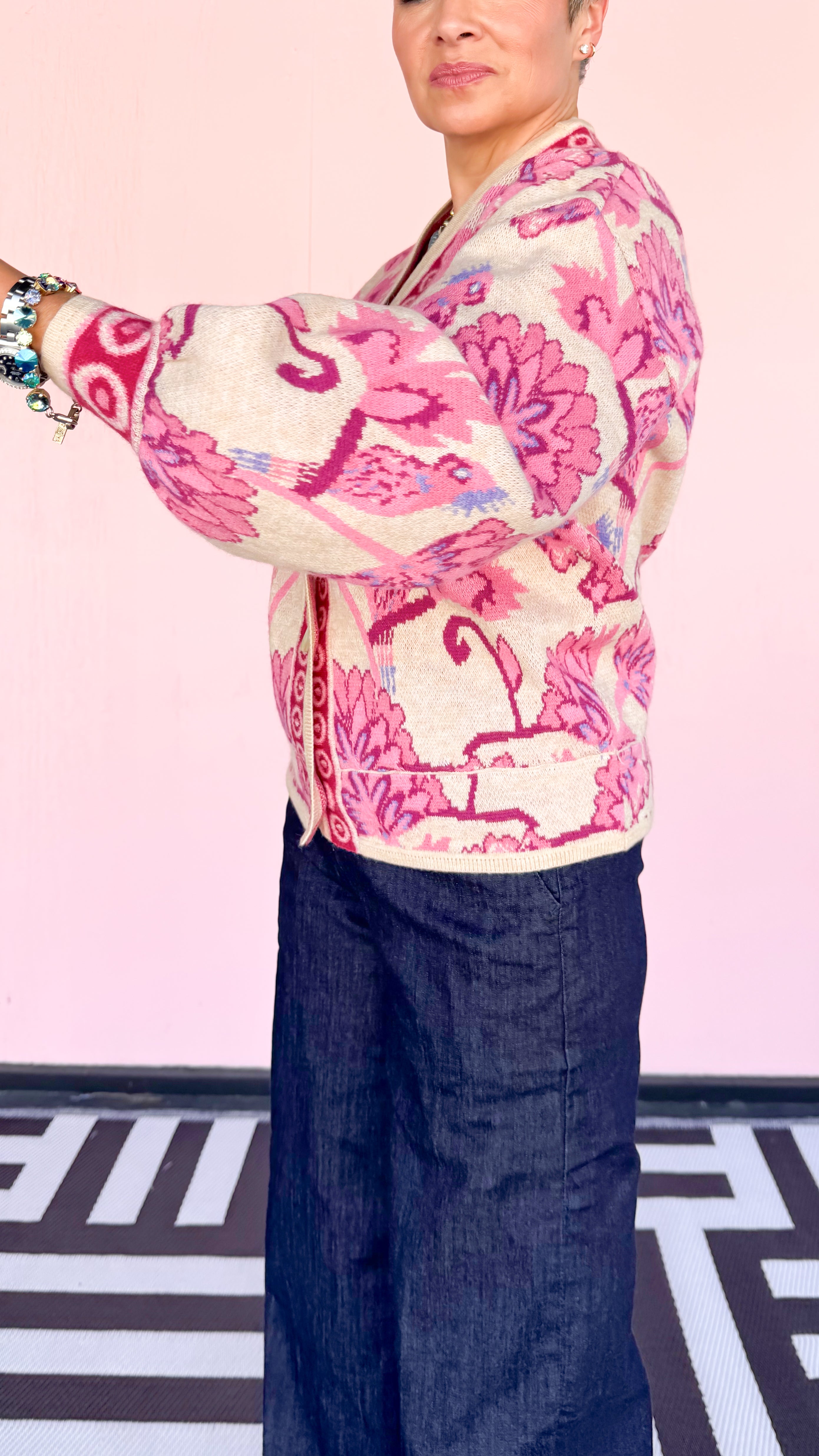Floral Pattern Jacquard Cardigan/Pink