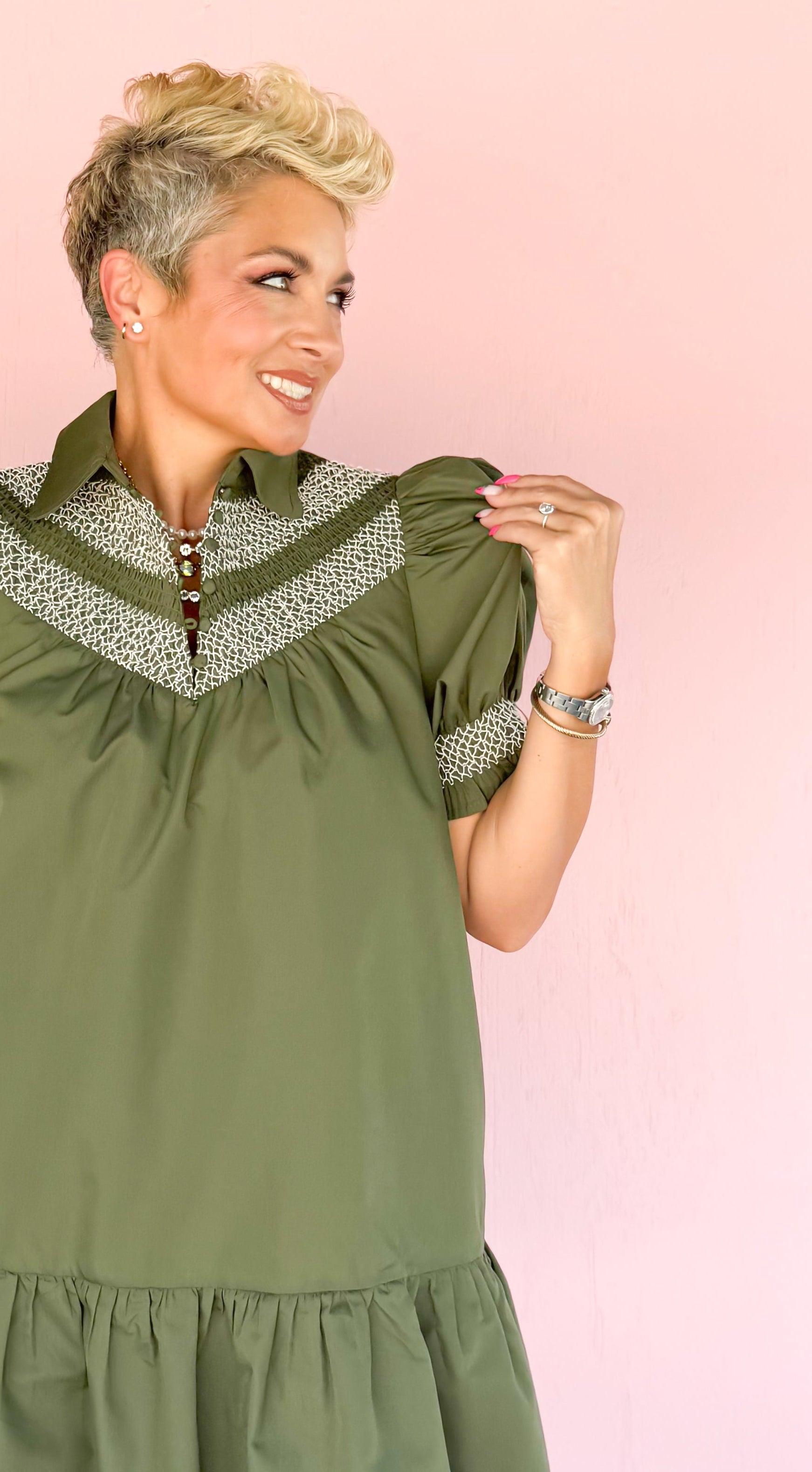 Adele Smocked Mini Dress/Olive - The BLVD
