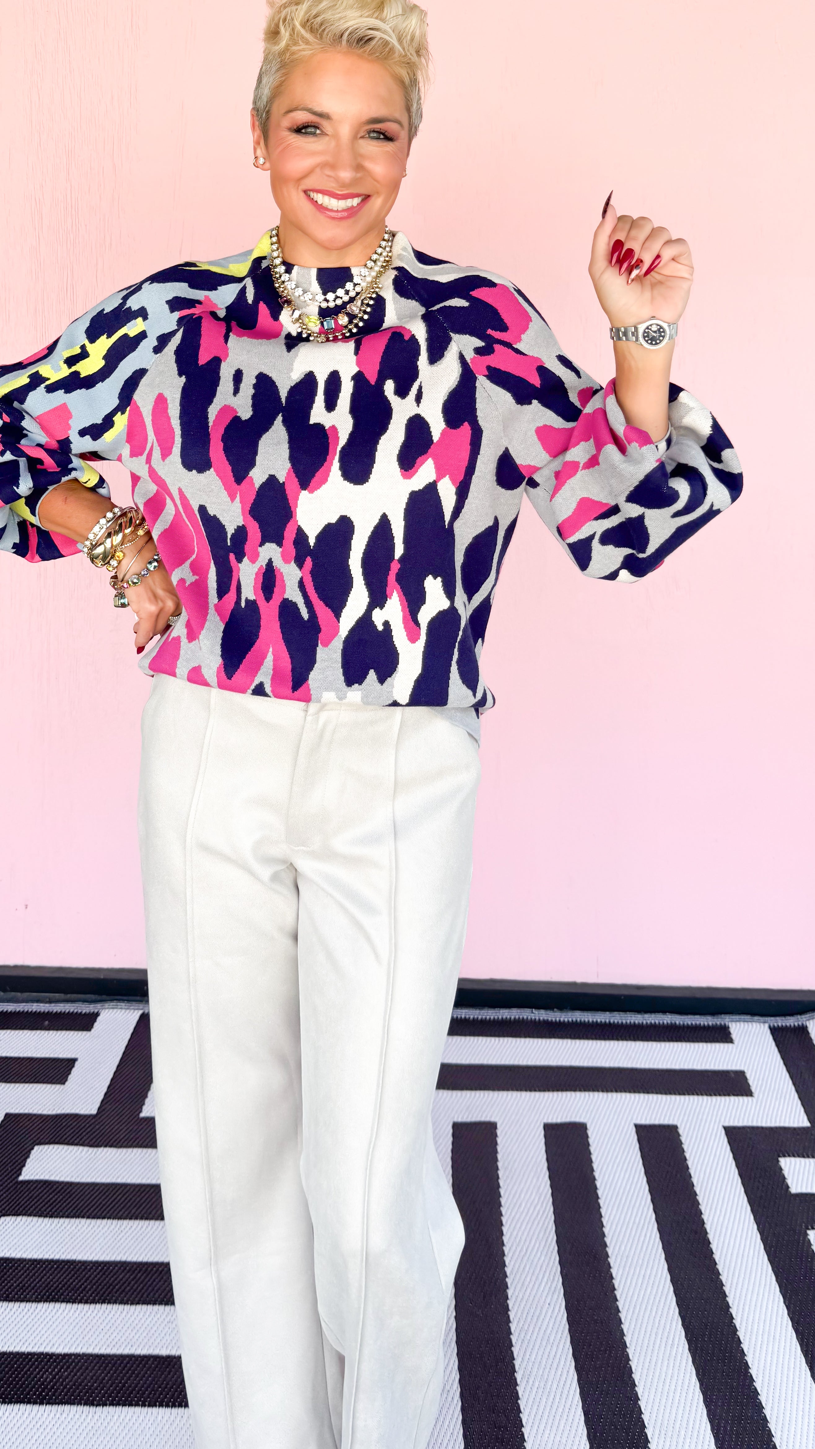 Leopard Funnel Neck w/Puff Sleeve/Multi
