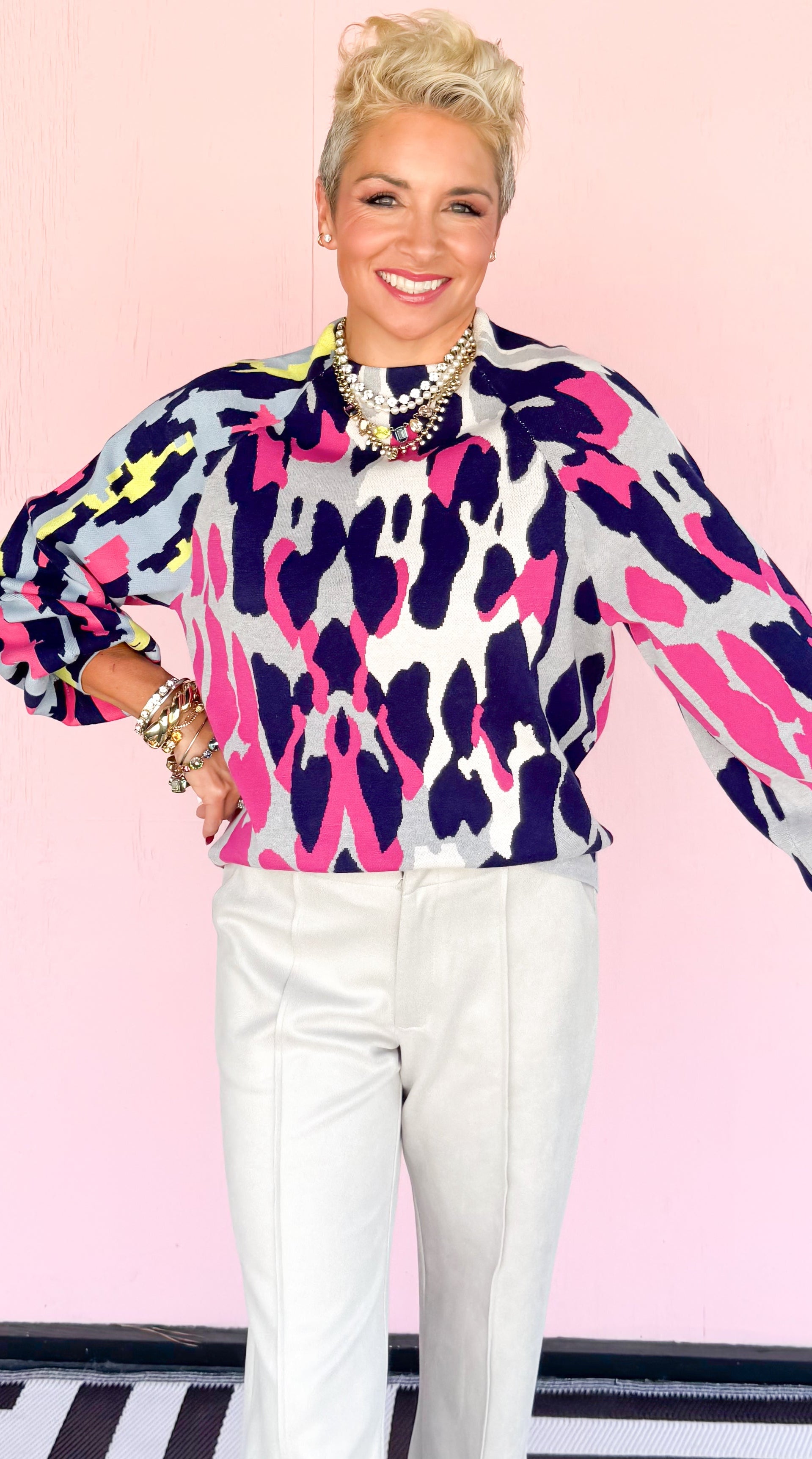 Leopard Funnel Neck w/Puff Sleeve/Multi