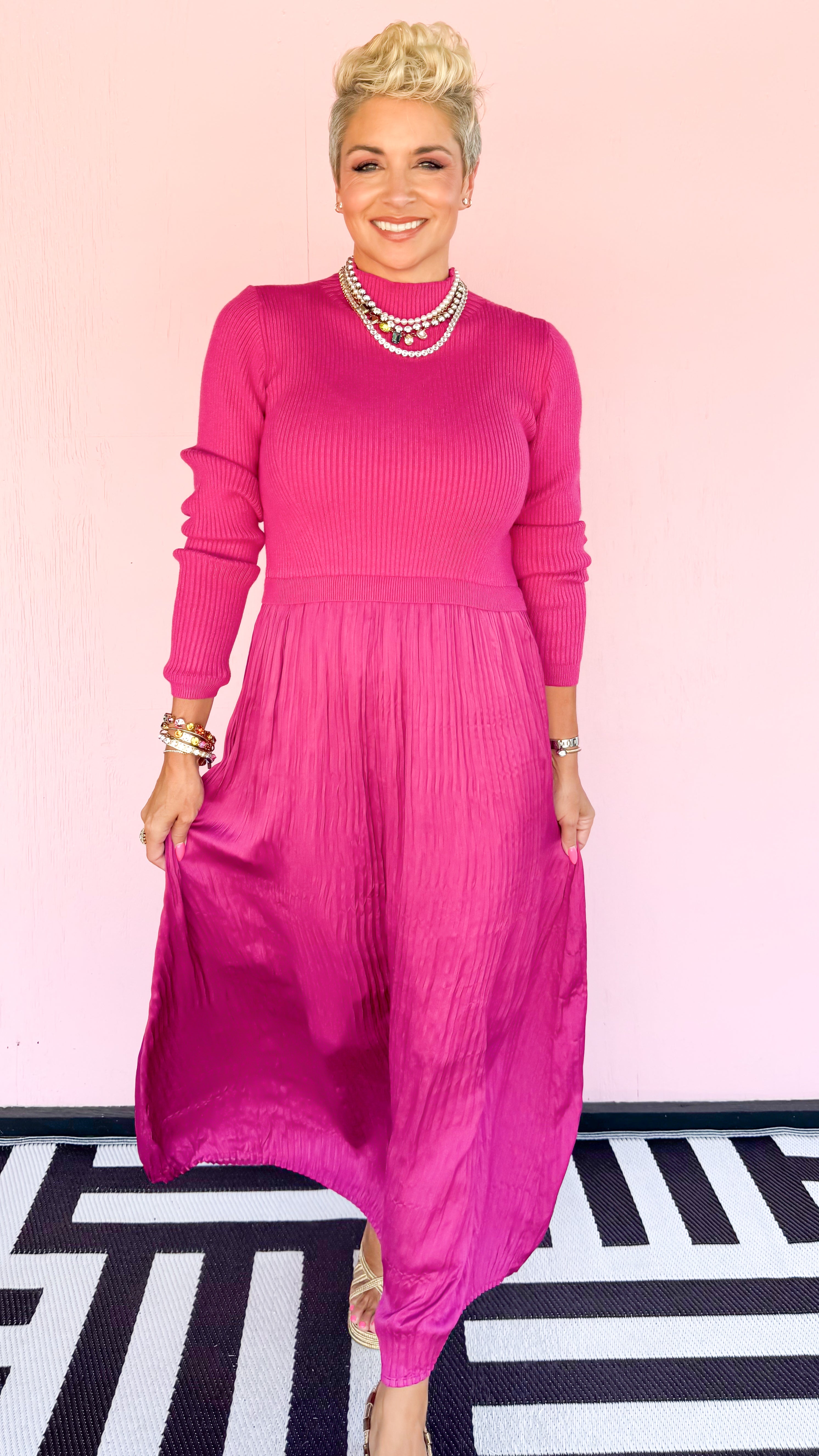 Mixed Media Pleated Skirt Dress/Pink