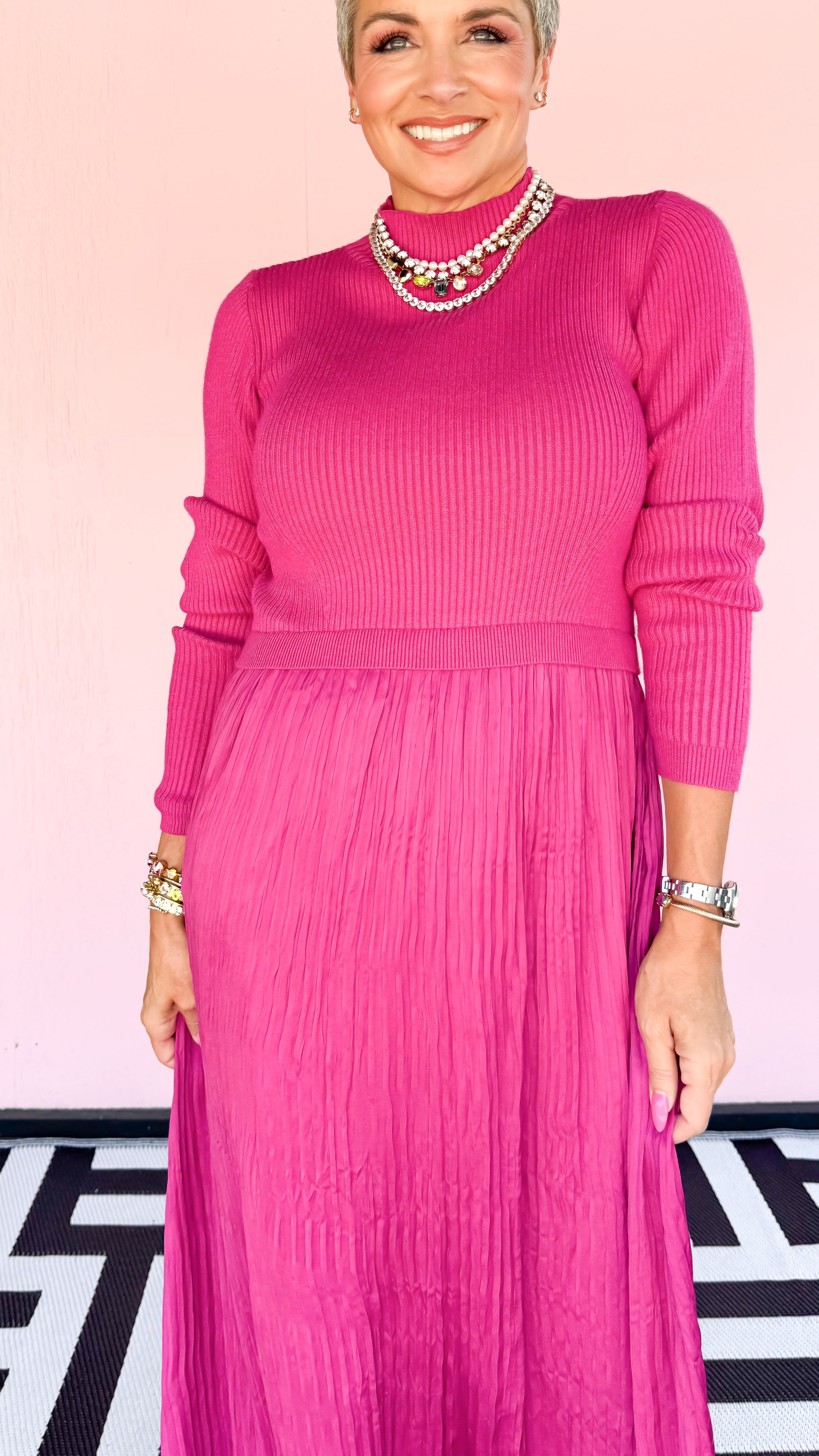 Mixed Media Pleated Skirt Dress/Pink
