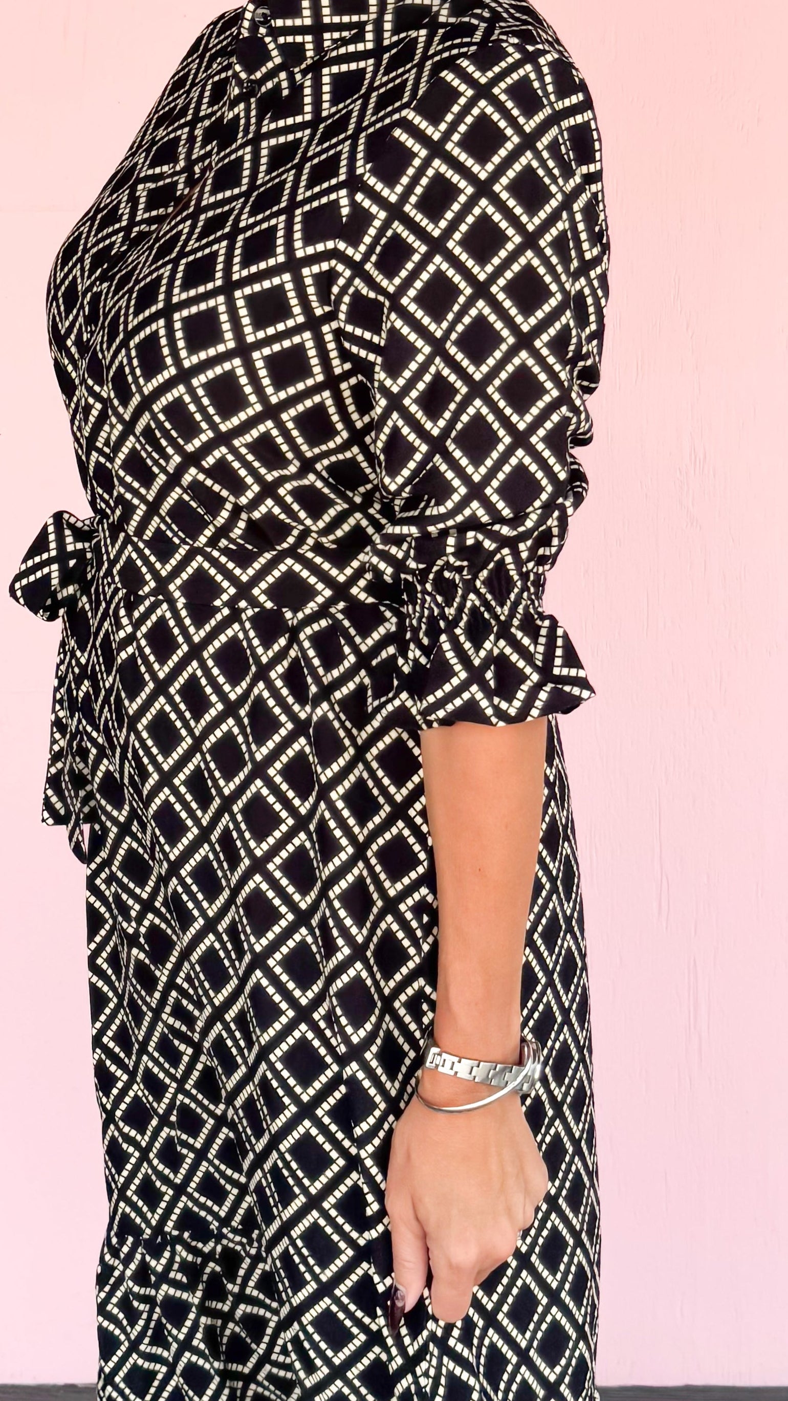 Diamond Print Midi Dress/Black