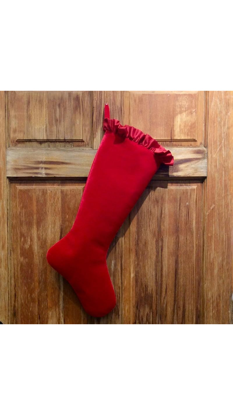Hot red velvet Christmas stocking with taffeta ruffle cuff, 25 inch, full view on white