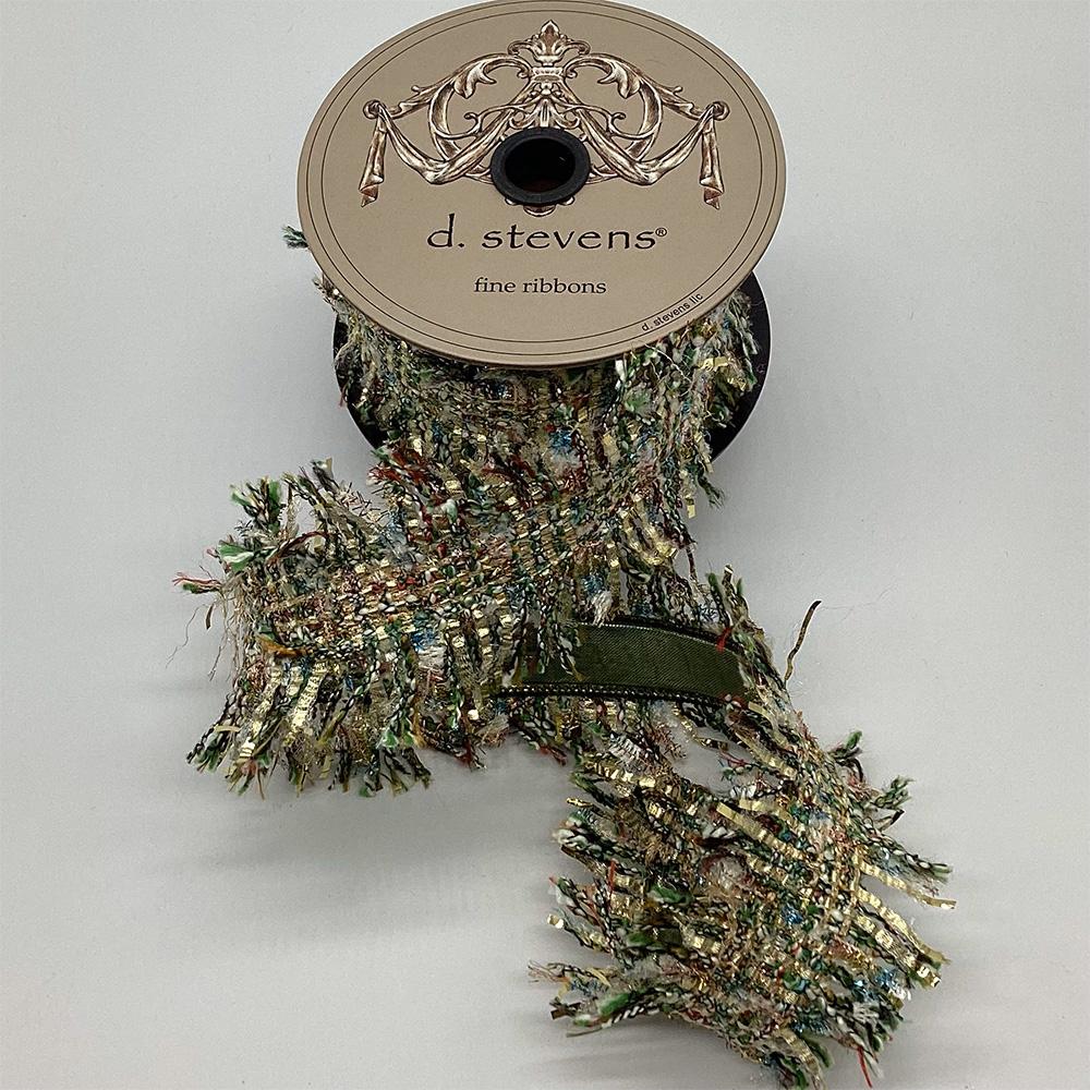 Green and ivory boucle ribbon with frayed edge, 2.5 inch, full view