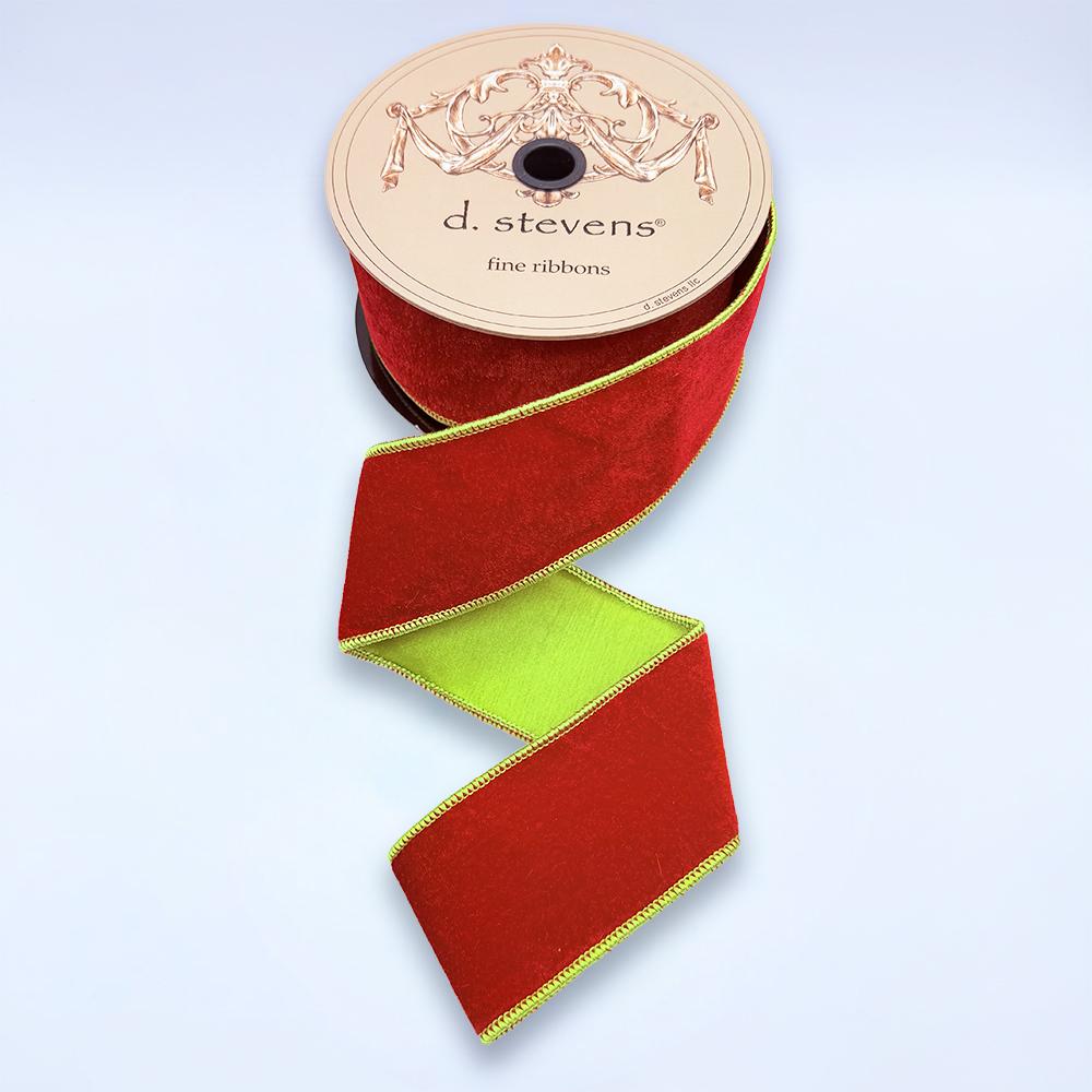 Dark red velvet ribbon with green back, 2.5 inch, full view