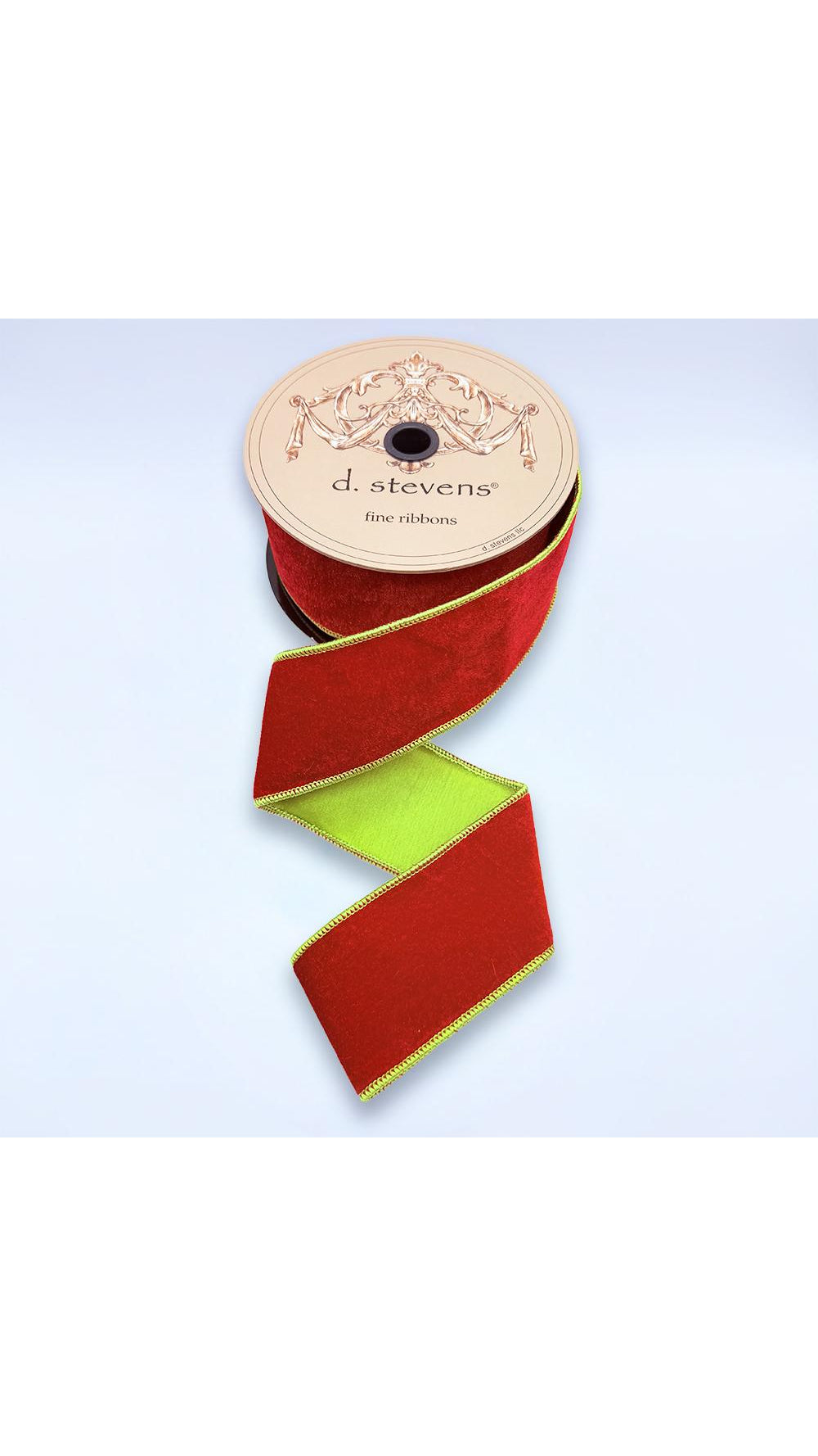 Dark red velvet ribbon with green back, 2.5 inch, full view on white