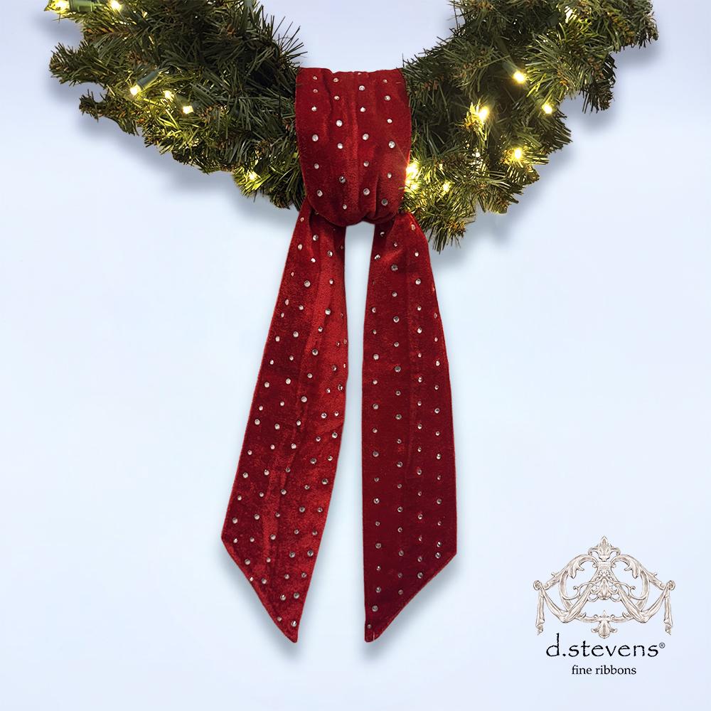 Red velvet sash with clear rhinestones, 4 by 56 inches, full view