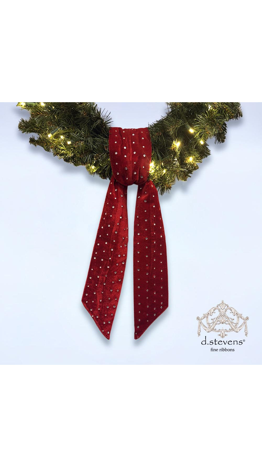 Red velvet sash with clear rhinestones, 4 by 56 inches, full view on white