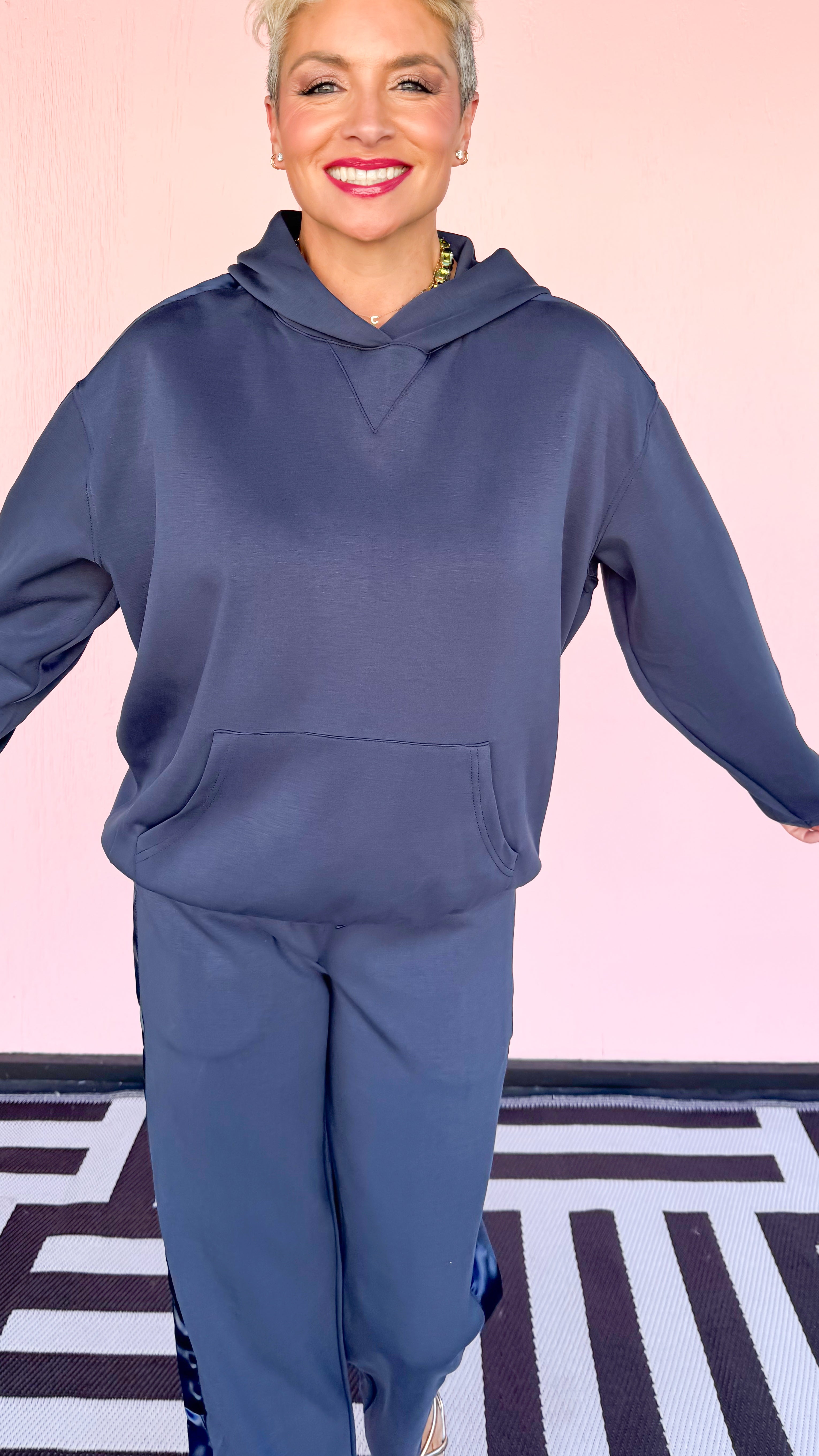 Contrast Satin Trim Hoodie/Navy