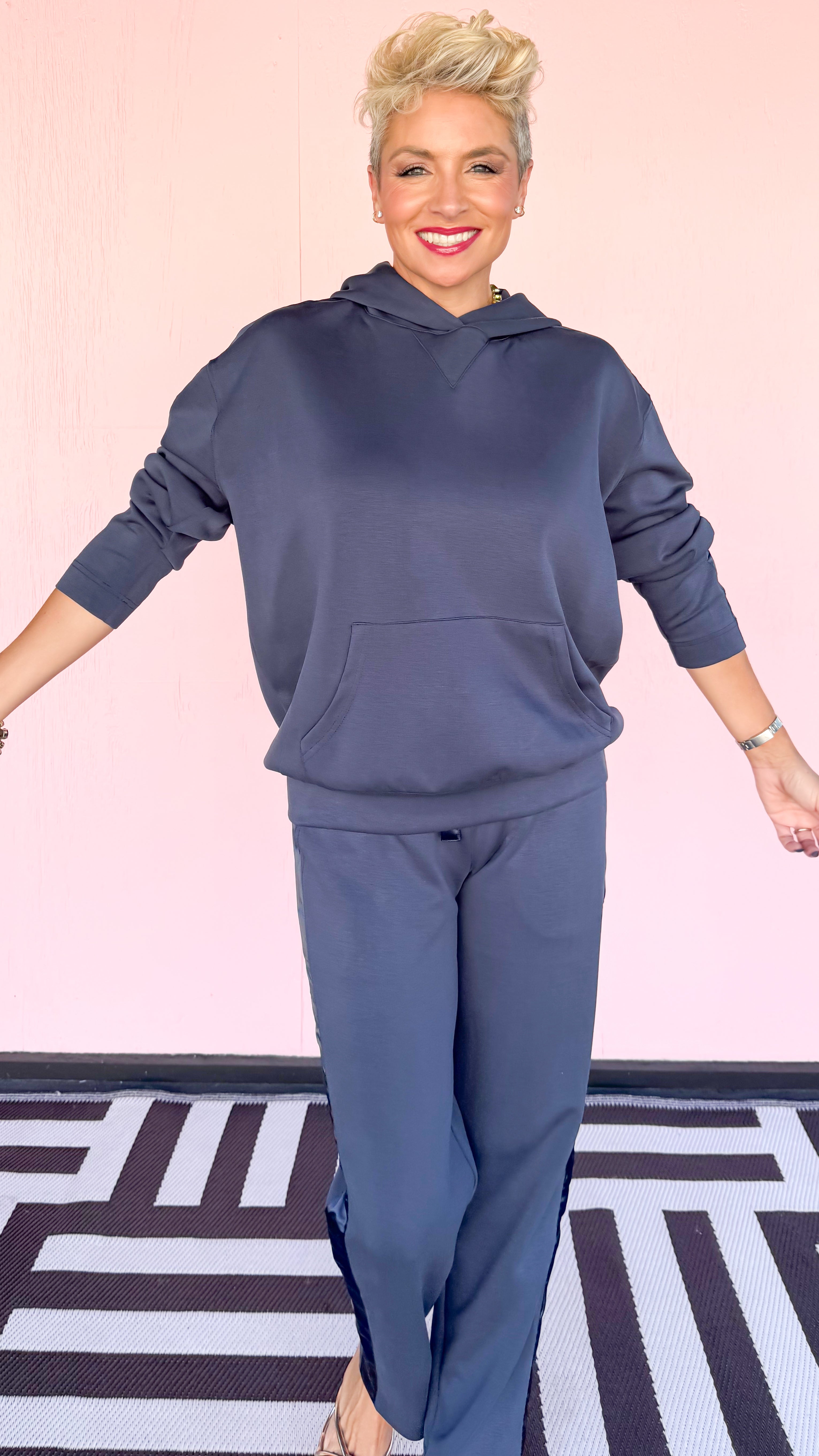 Contrast Satin Trim Hoodie/Navy