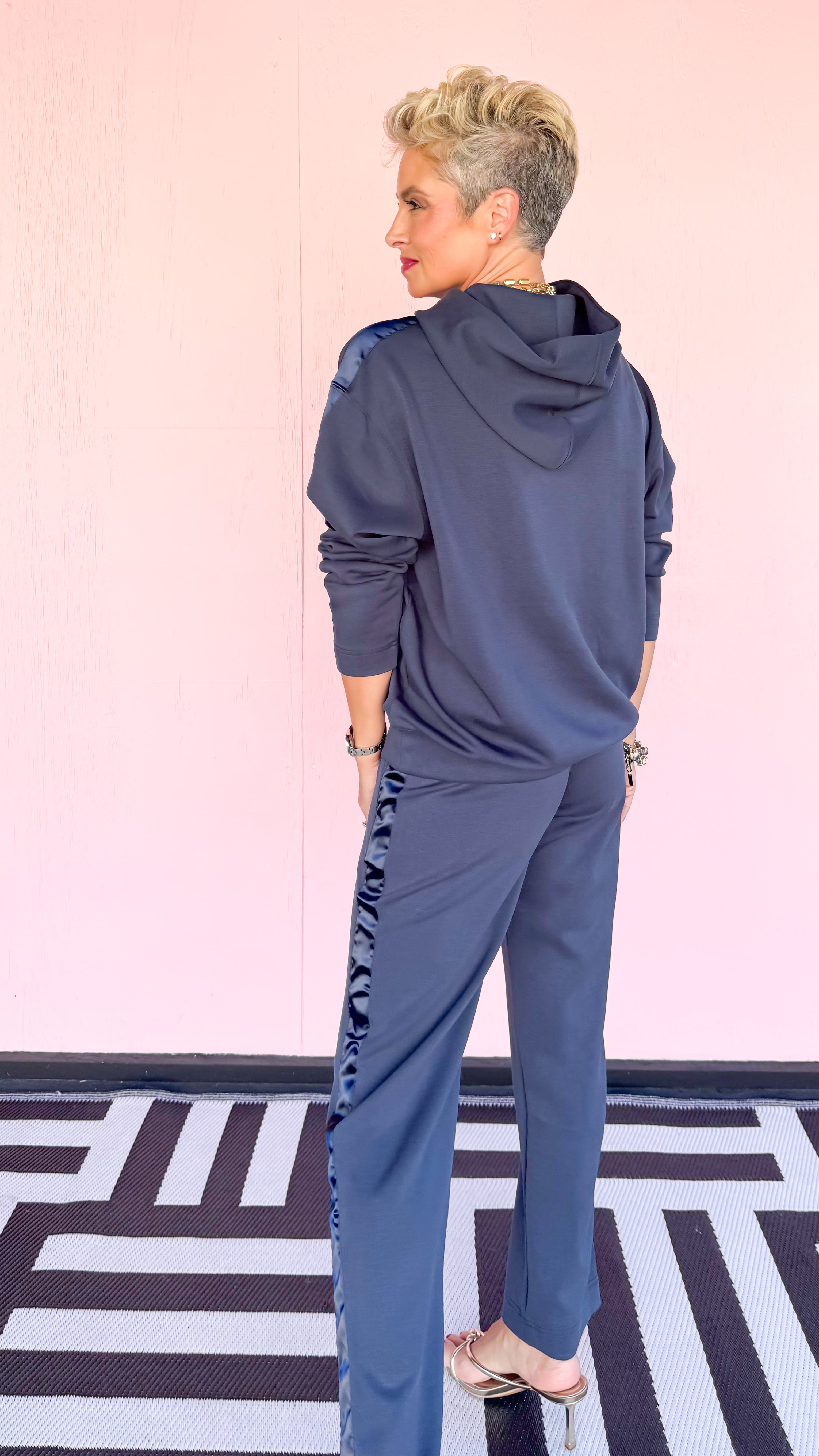 Contrast Satin Trim Hoodie/Navy