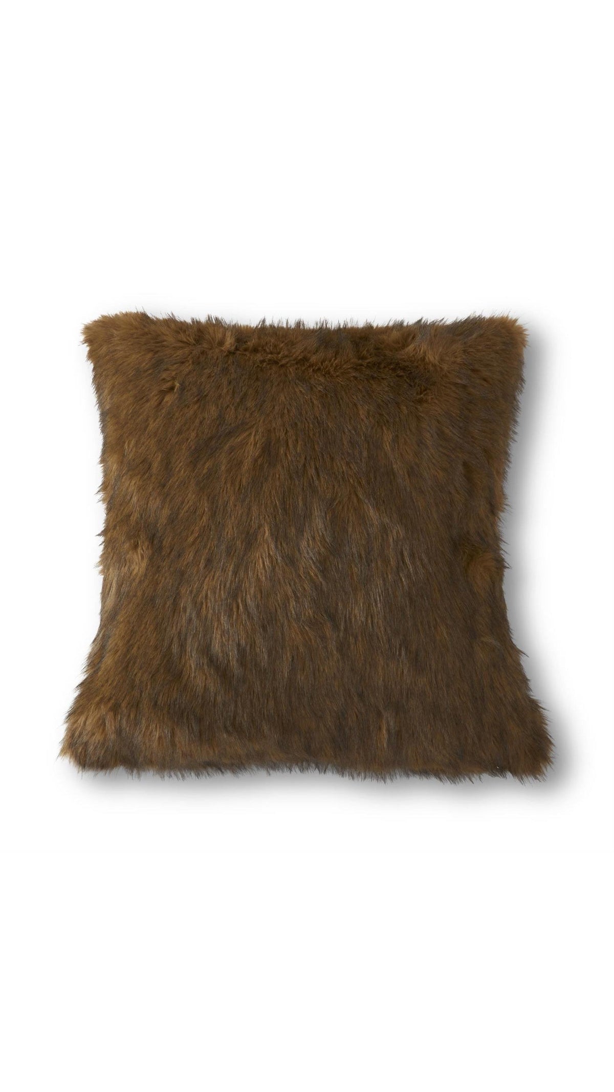 24 inch brown vegan fur throw pillow, full view on white