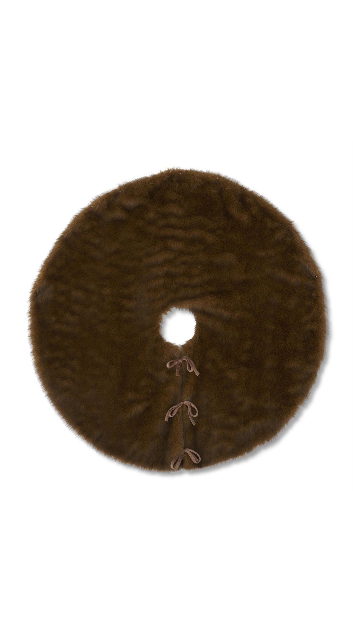50 inch brown vegan fur Christmas tree skirt, full view on white