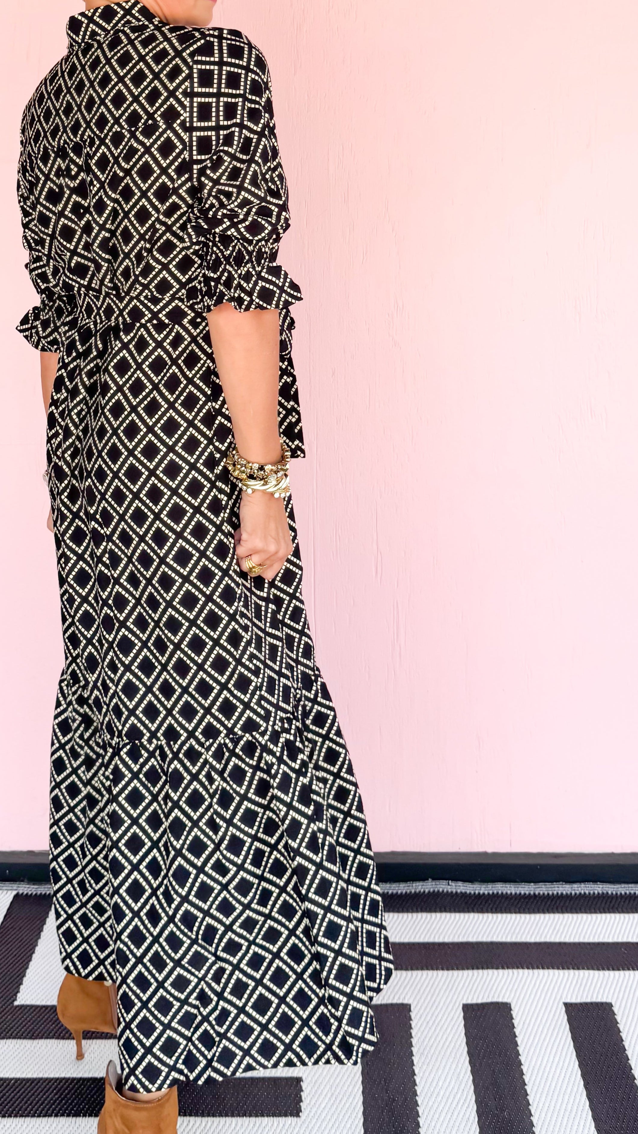 Diamond Print Midi Dress/Black